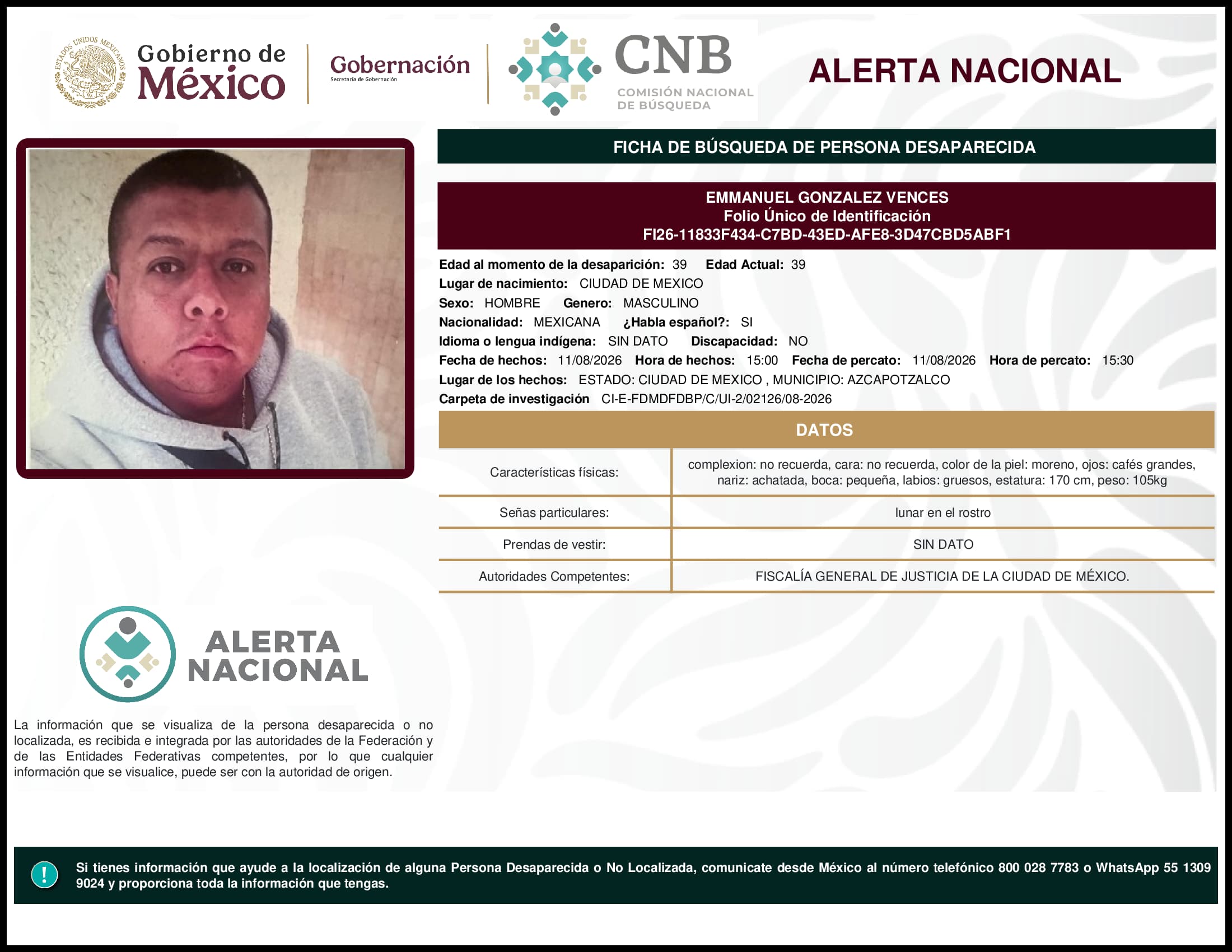 Persona desaparecida Emmanuel Gonzalez Vences