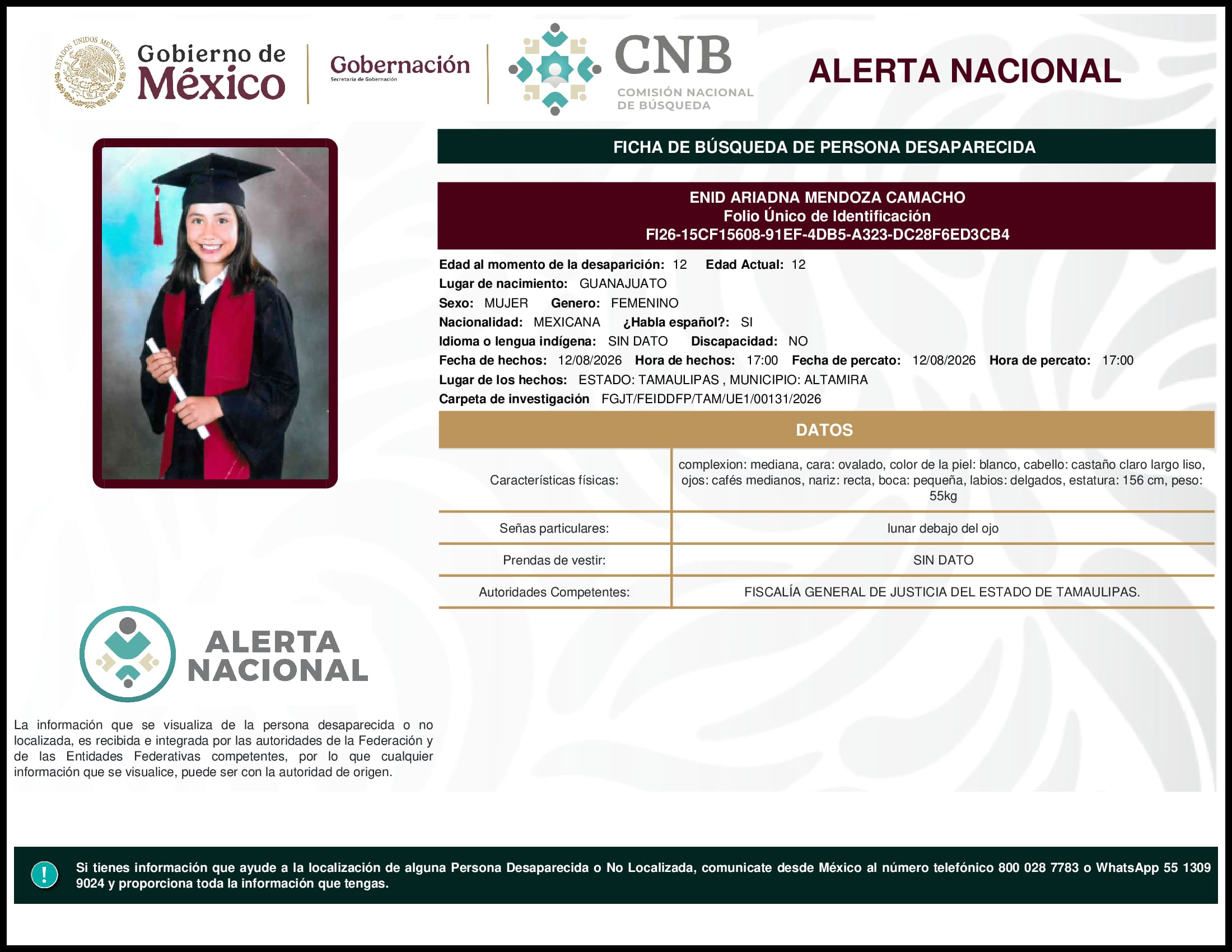 Persona desaparecida Enid Ariadna Mendoza Camacho