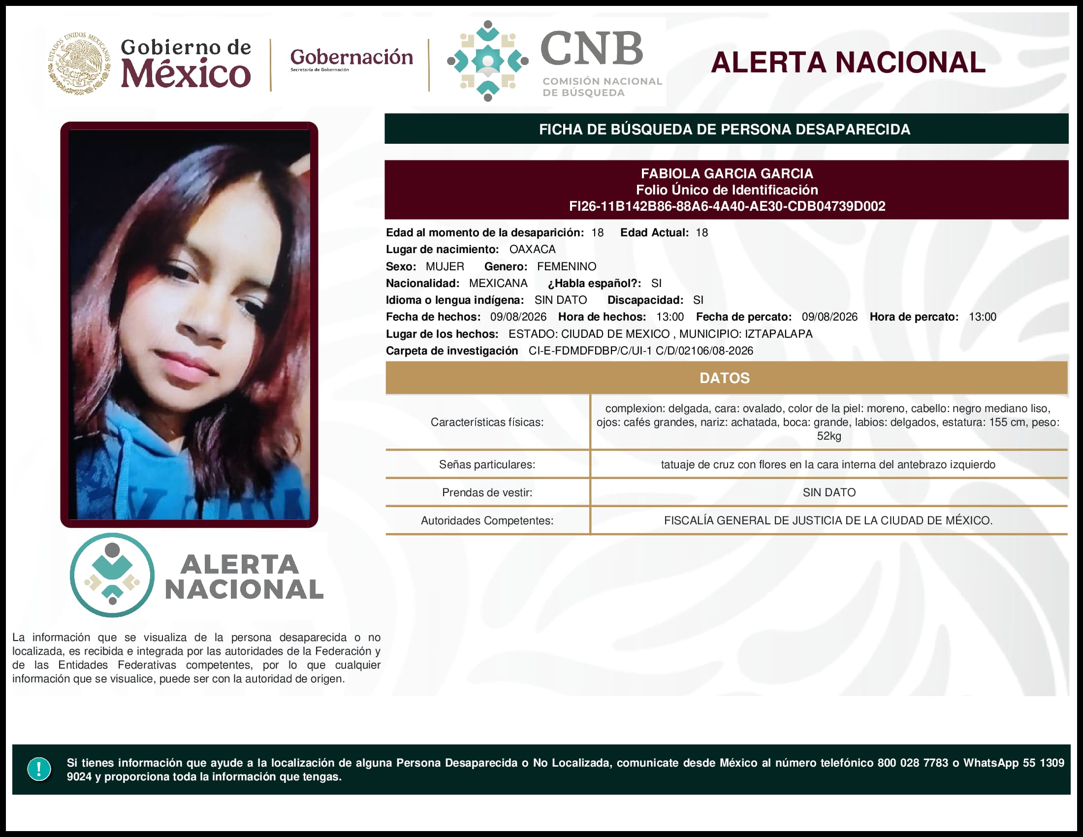 Persona desaparecida Fabiola Garcia Garcia