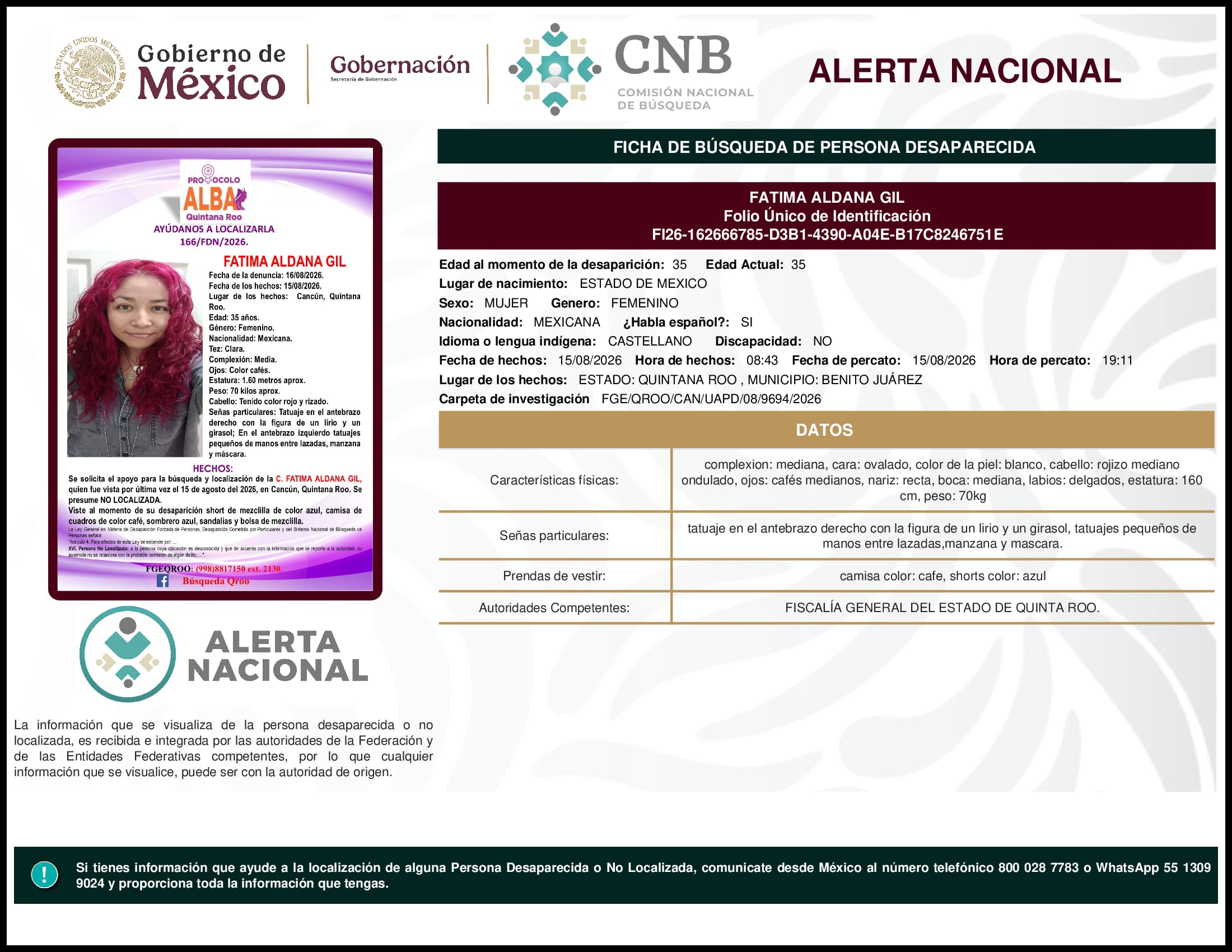Persona desaparecida Fatima Aldana Gil