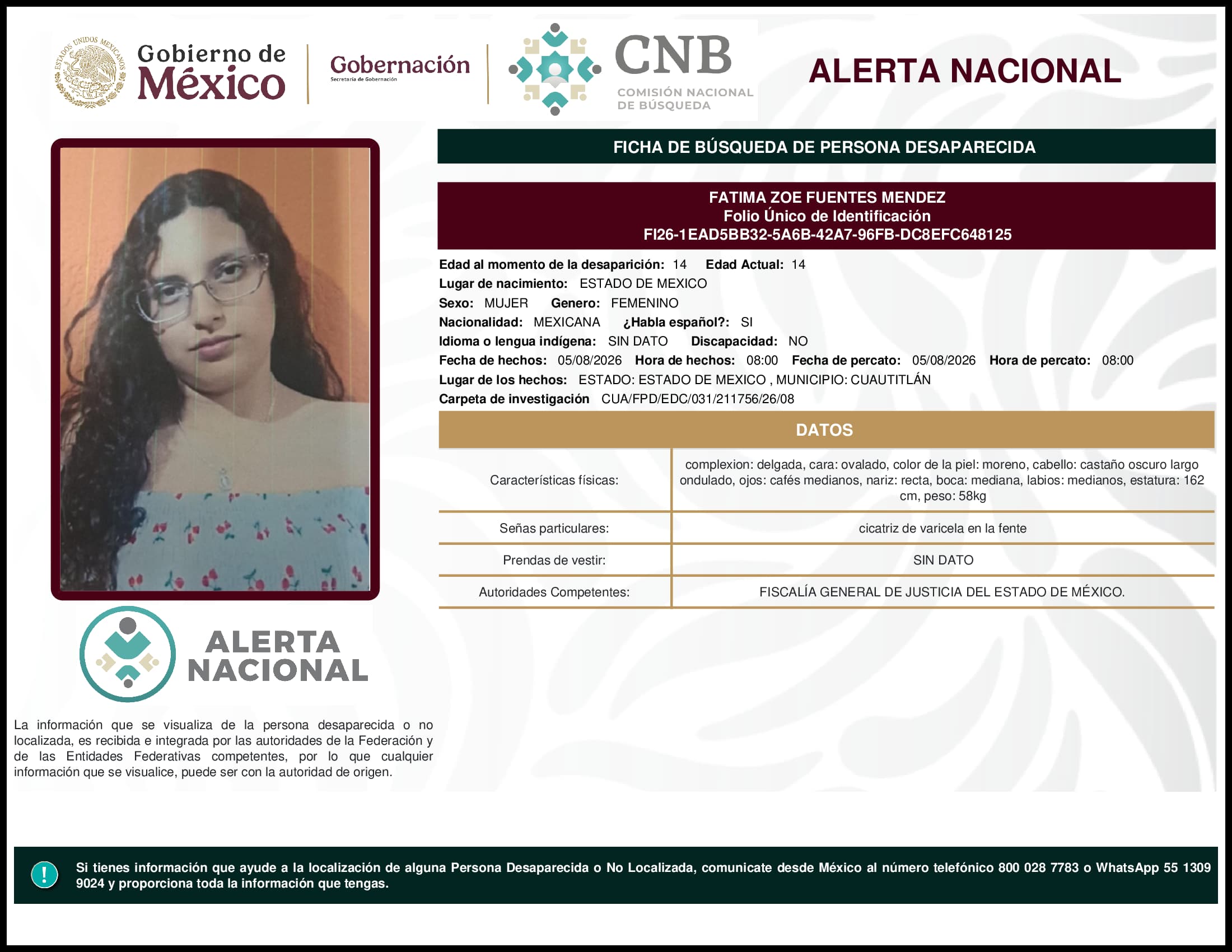 Persona desaparecida Fatima Zoe Fuentes Mendez