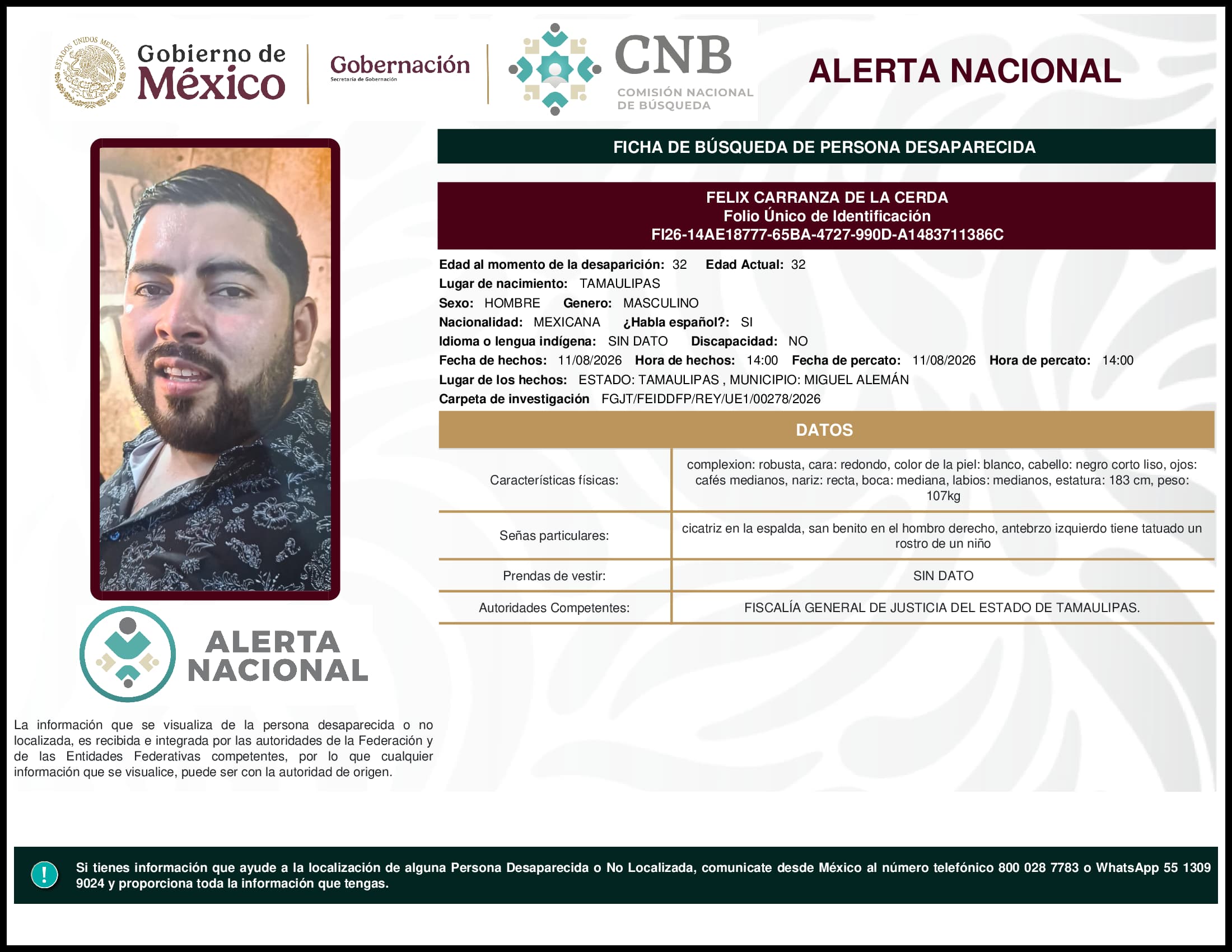 Persona desaparecida Felix Carranza De La Cerda