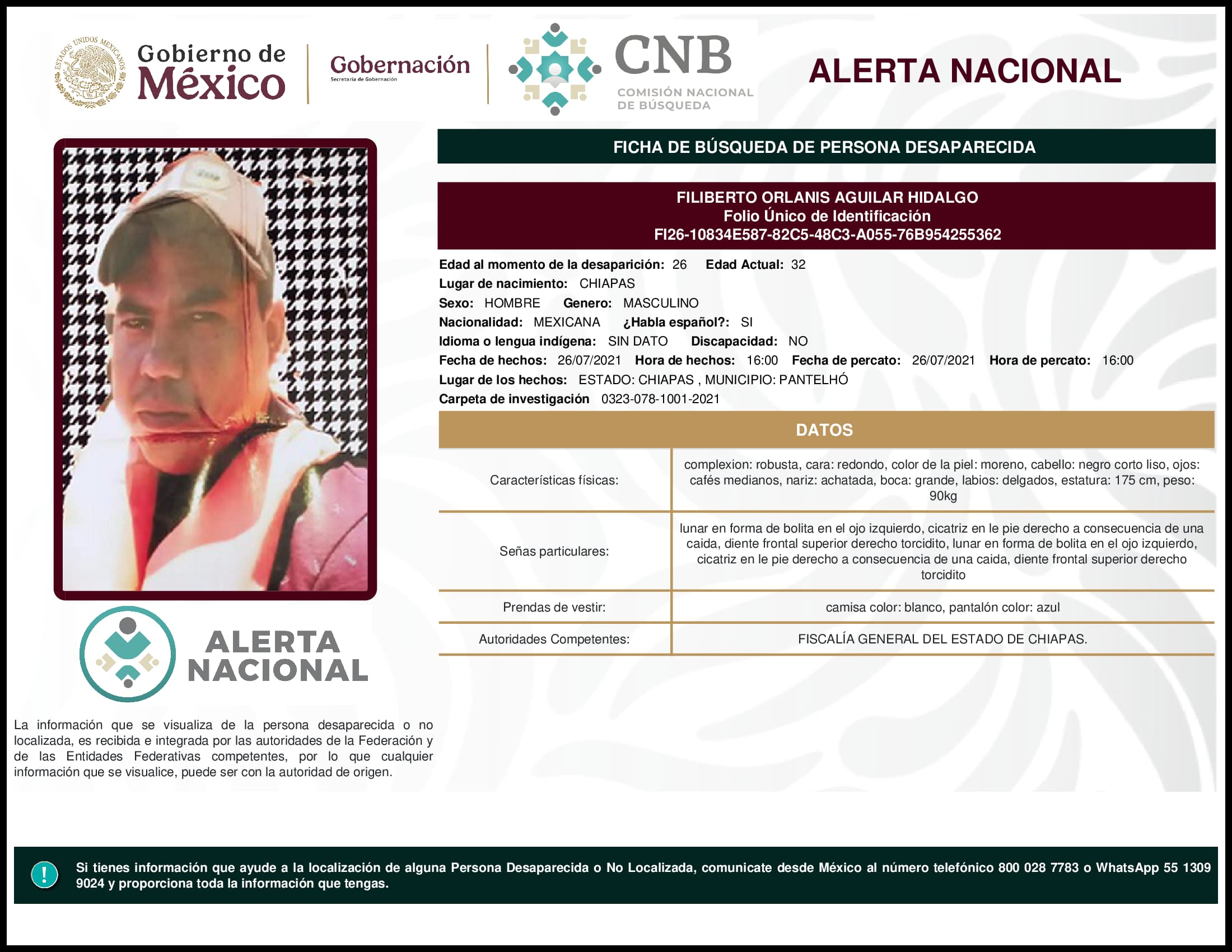 Persona desaparecida Filiberto Orlanis Aguilar Hidalgo