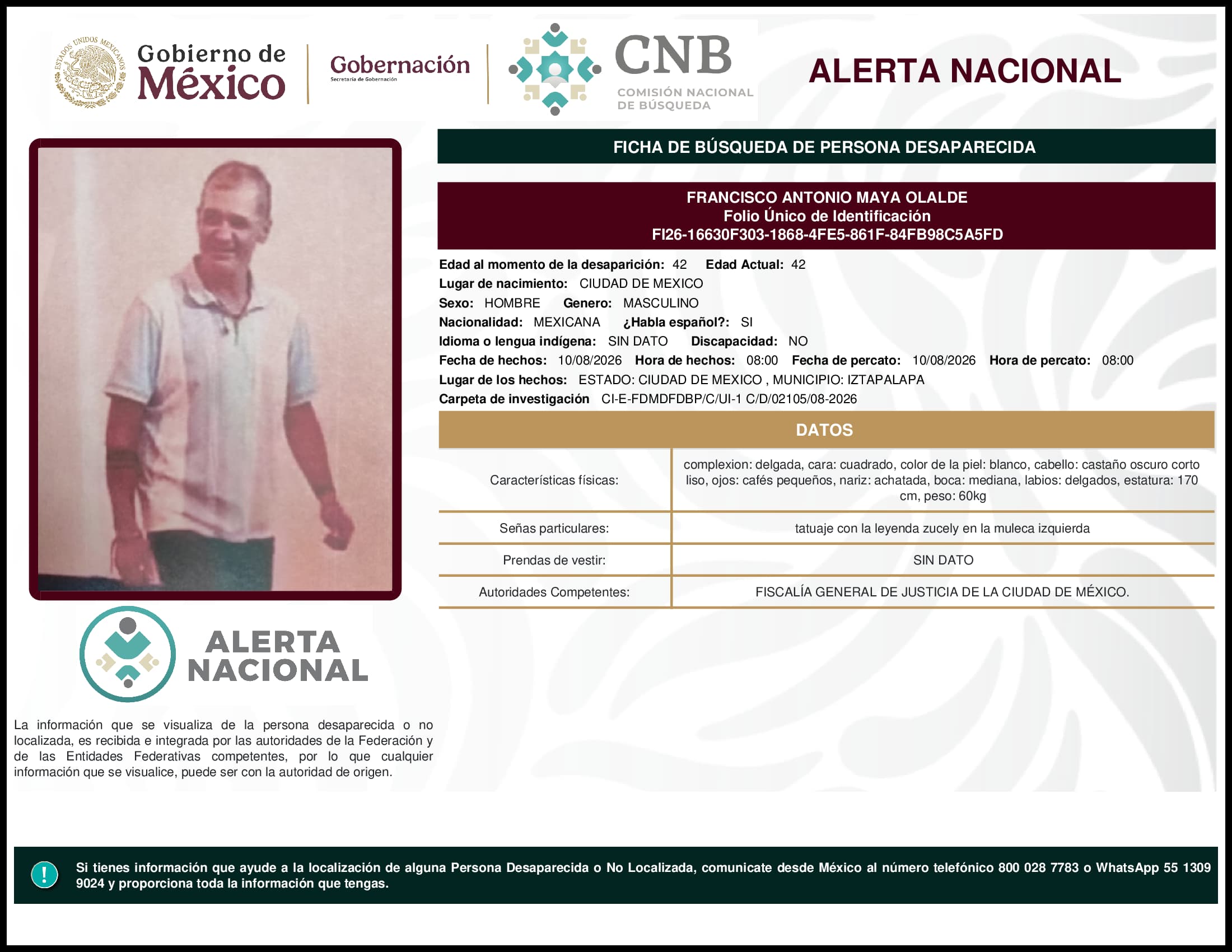 Persona desaparecida Francisco Antonio Maya Olalde