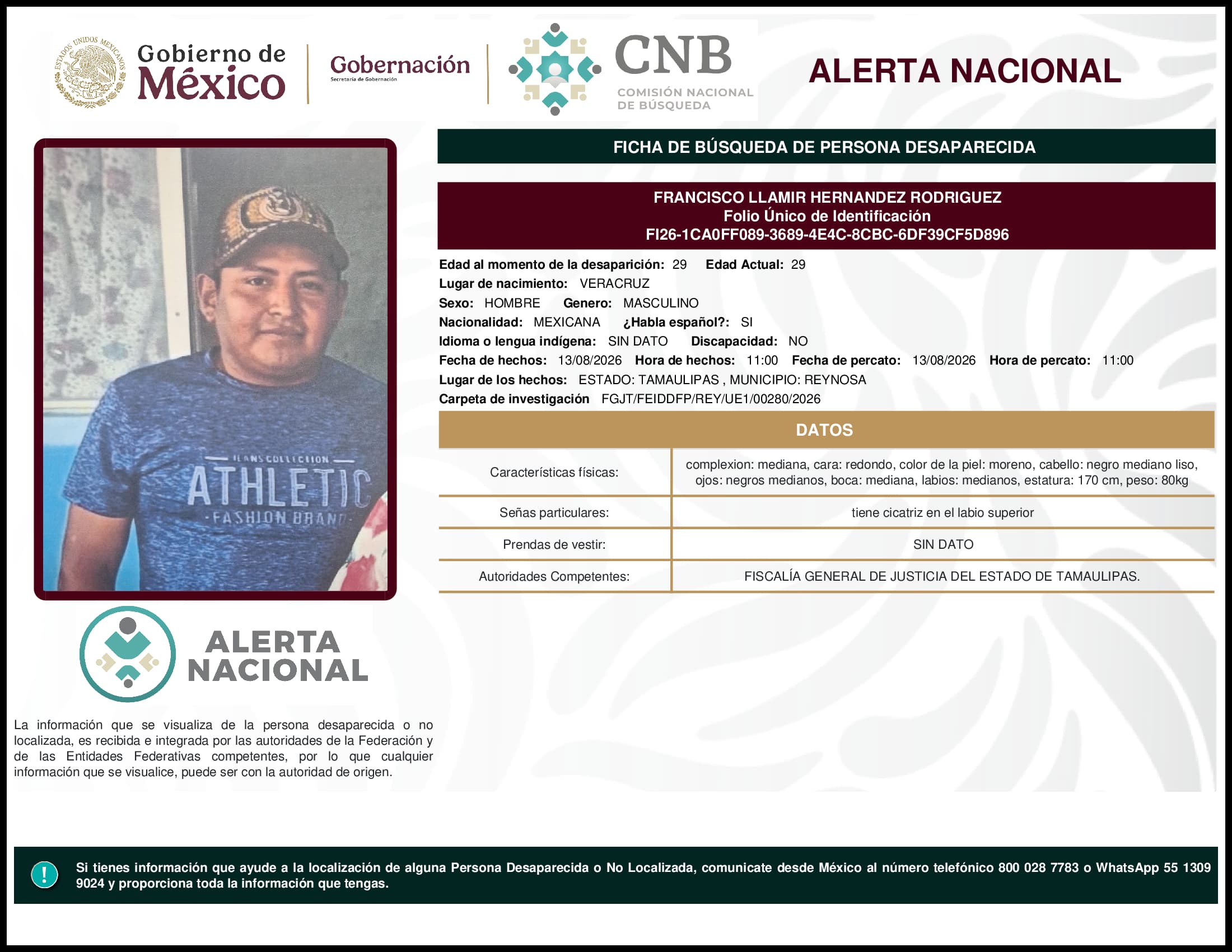 Persona desaparecida Francisco Llamir Hernandez Rodriguez