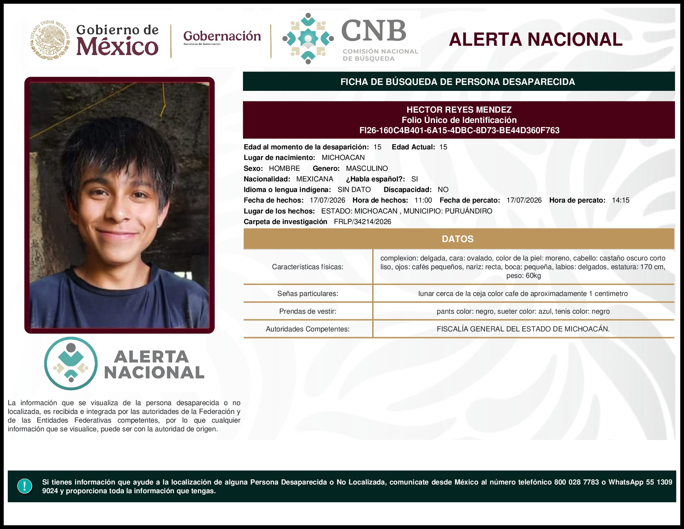 Persona desaparecida Hector Reyes Mendez