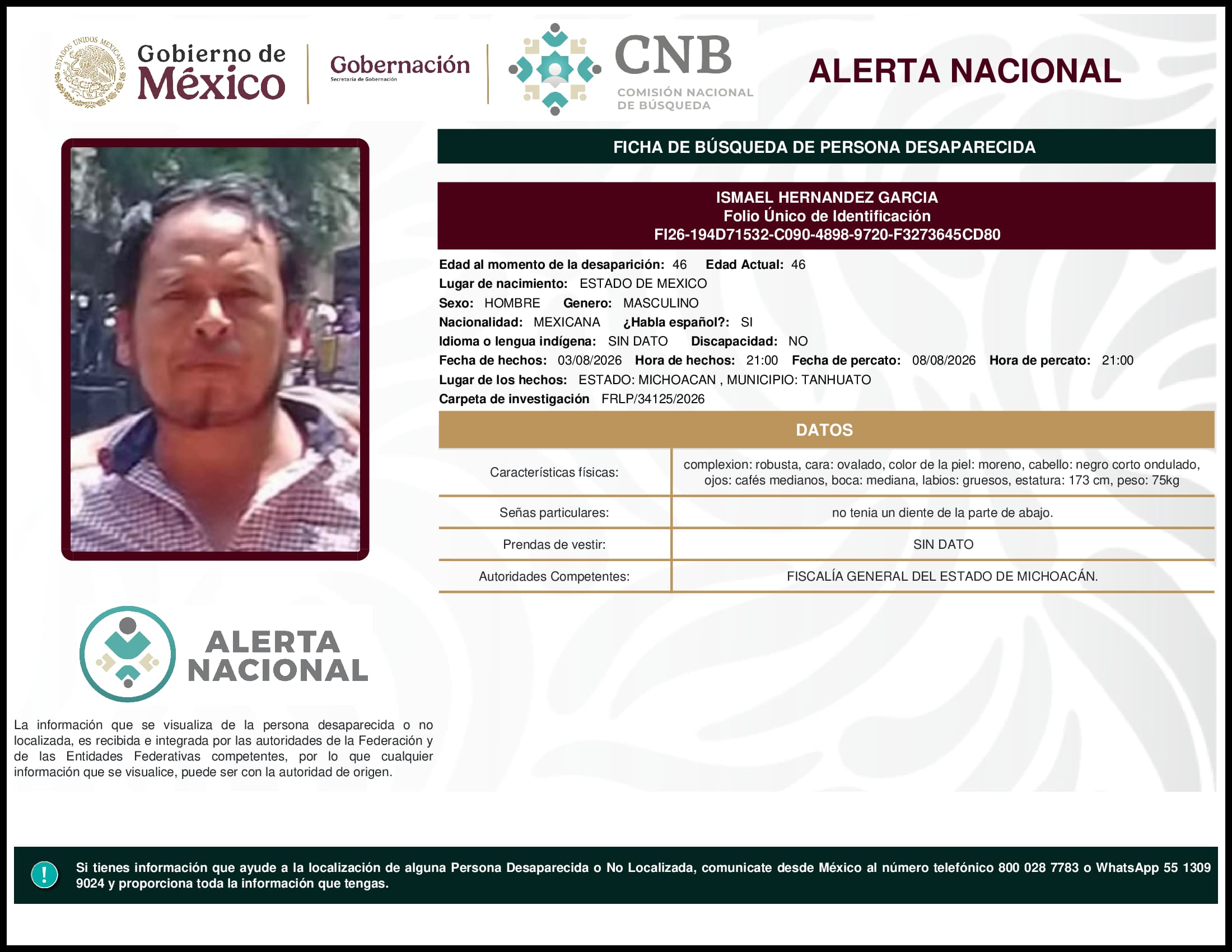 Persona desaparecida Ismael Hernandez Garcia