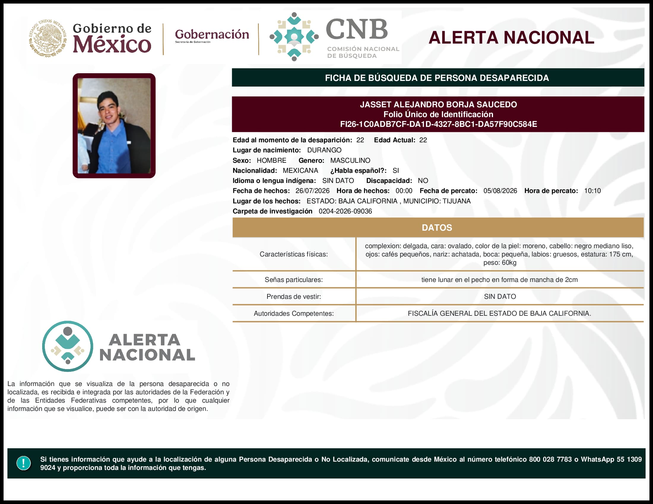 Persona desaparecida Jasset Alejandro Borja Saucedo