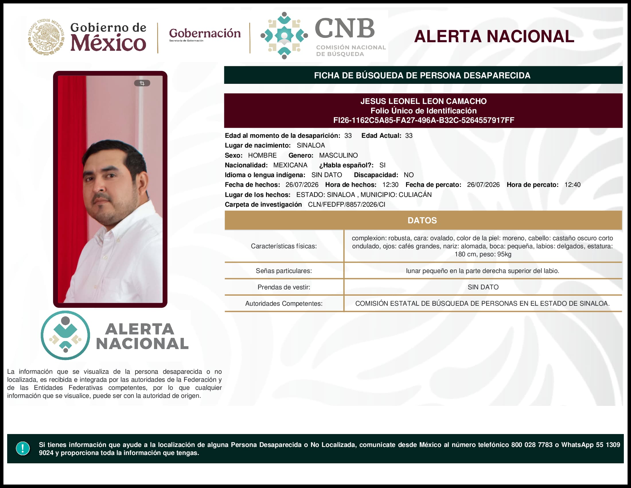 Persona desaparecida Jesus Leonel Leon Camacho