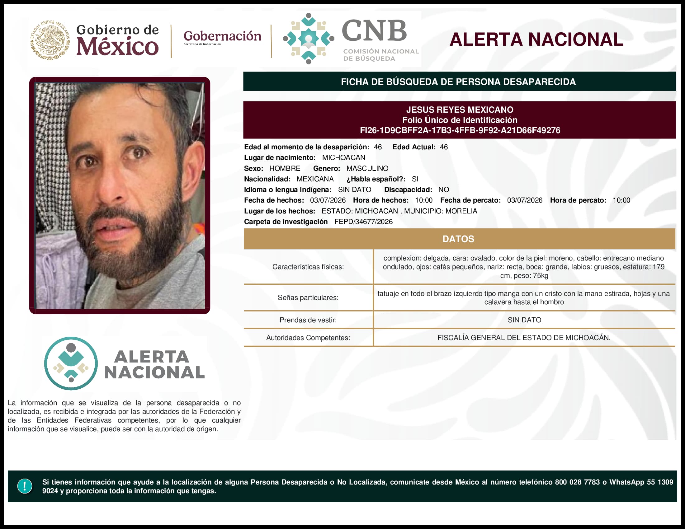 Persona desaparecida Jesus Reyes Mexicano