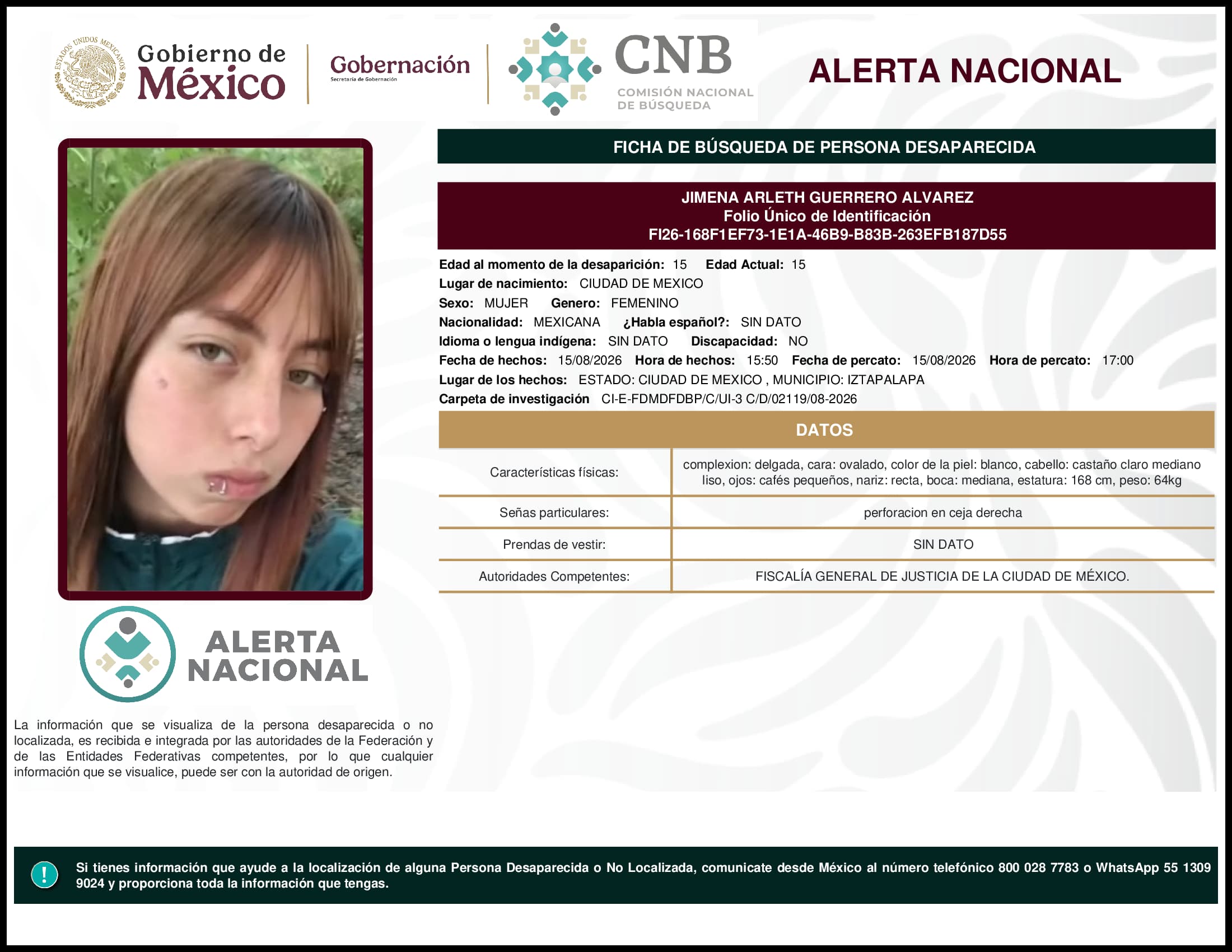 Persona desaparecida Jimena Arleth Guerrero Alvarez