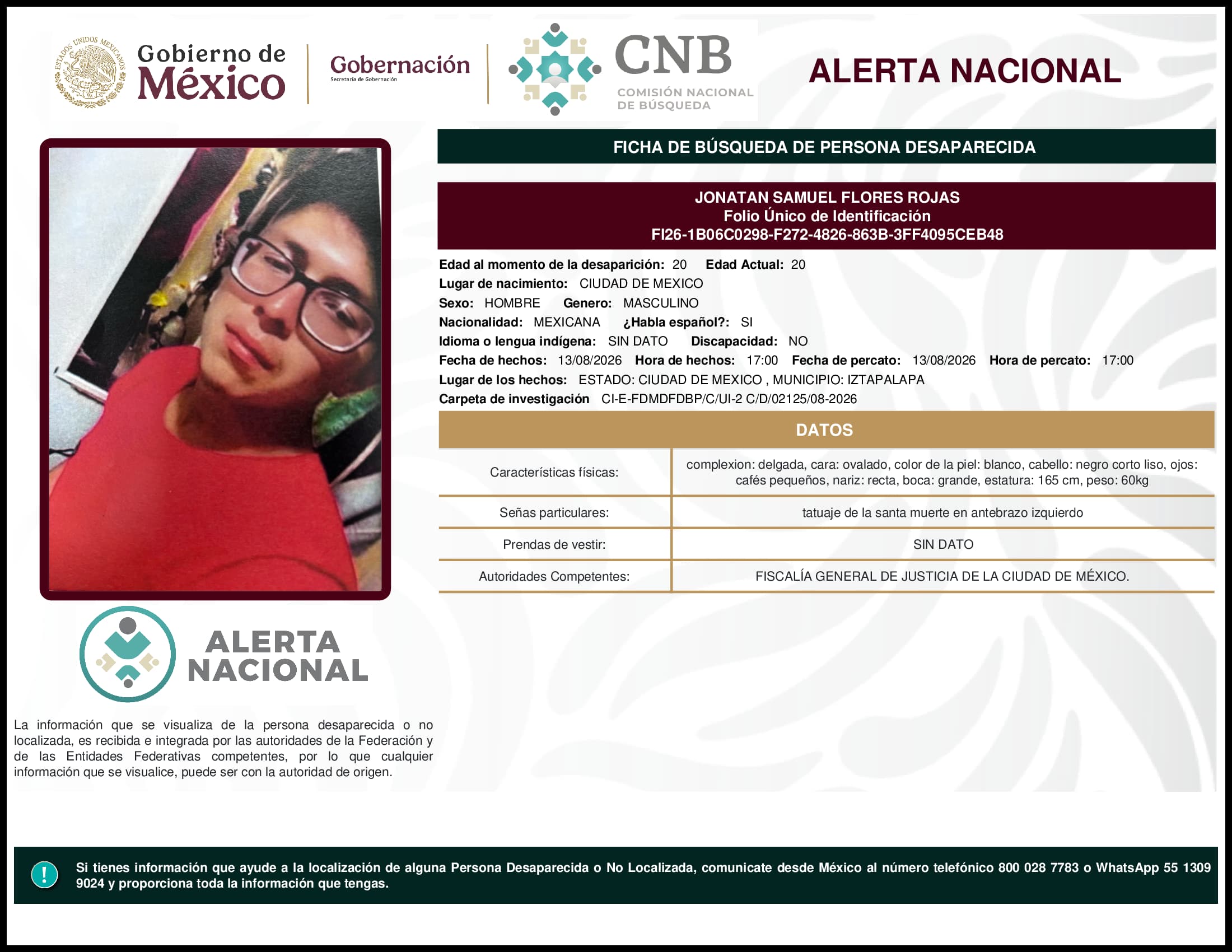Persona desaparecida Jonatan Samuel Flores Rojas