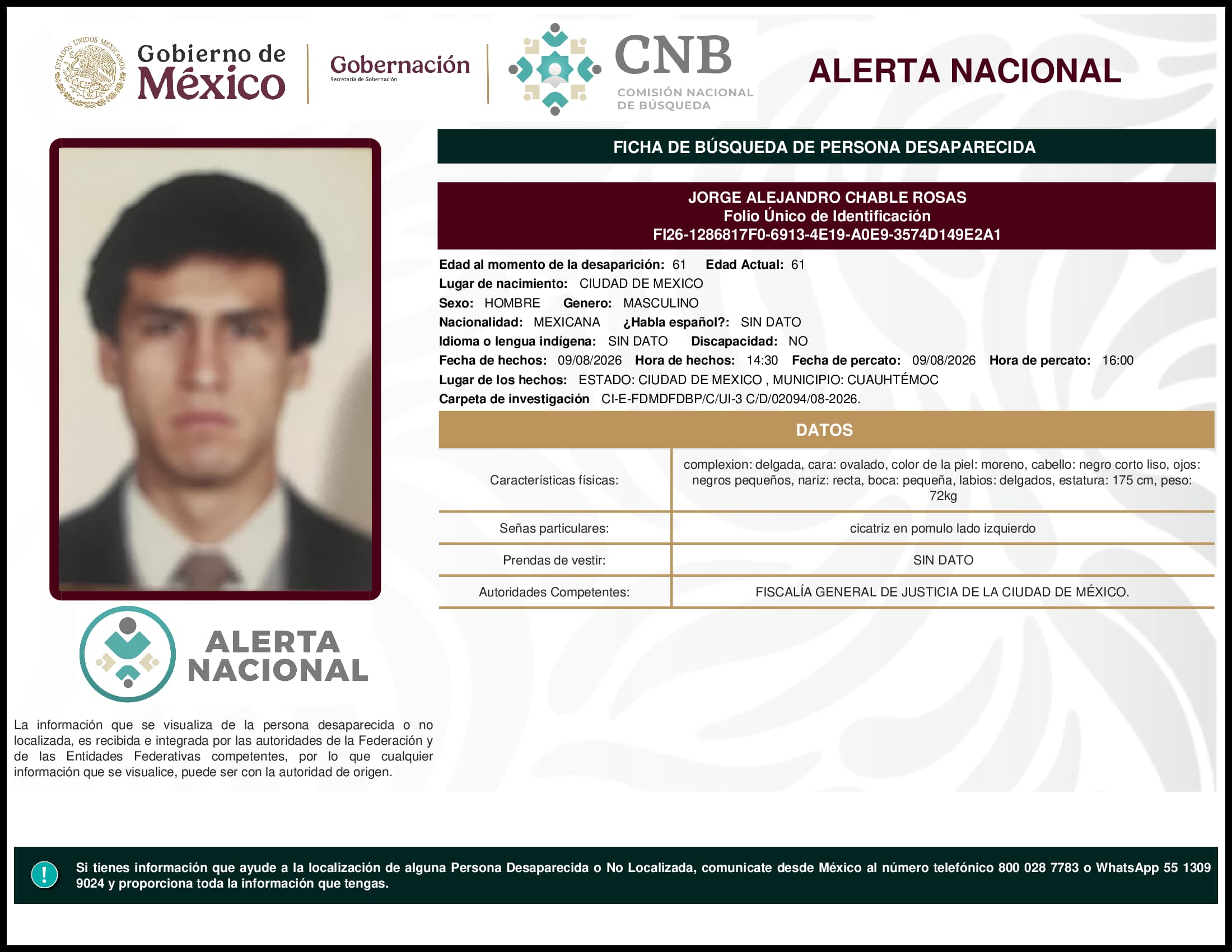 Persona desaparecida Jorge Alejandro Chable Rosas