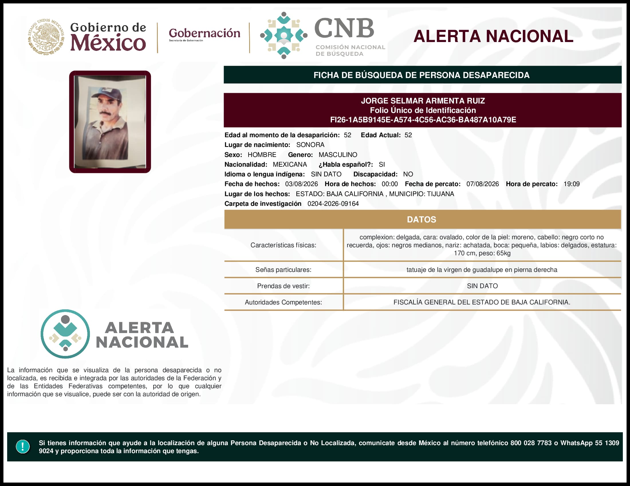 Persona desaparecida Jorge Selmar Armenta Ruiz