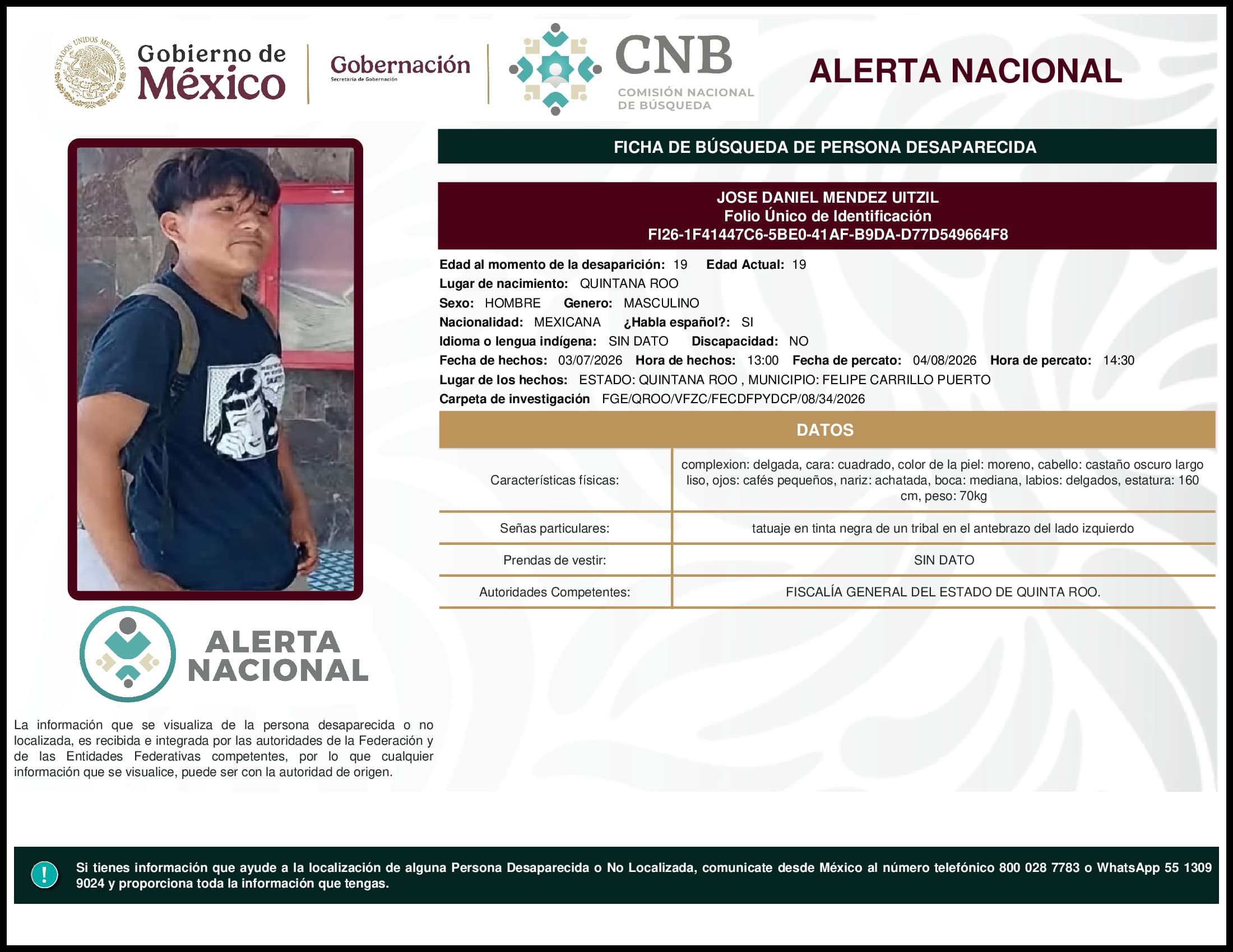 Persona desaparecida Jose Daniel Mendez Uitzil