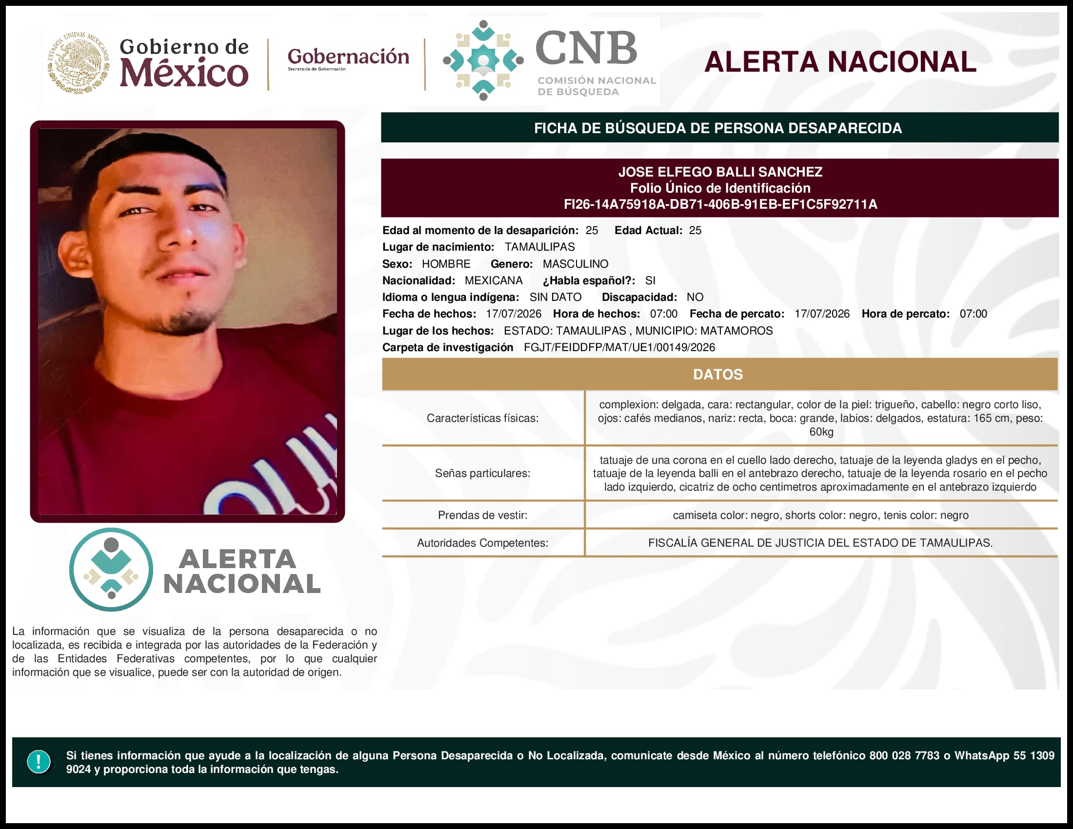 Persona desaparecida Jose Elfego Balli Sanchez