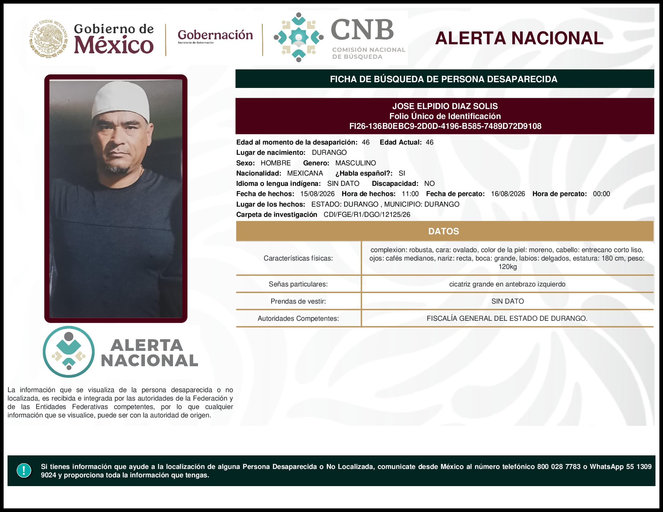 Persona desaparecida Jose Elpidio Diaz Solis