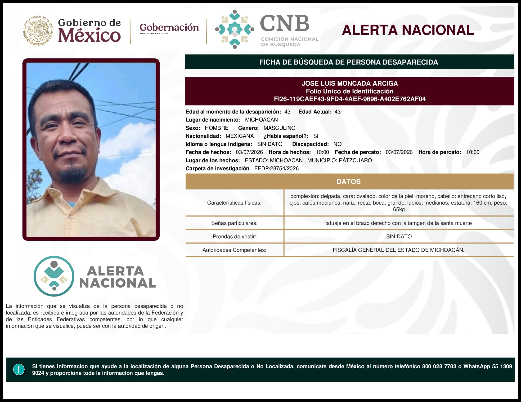 Persona desaparecida Jose Luis Moncada Arciga