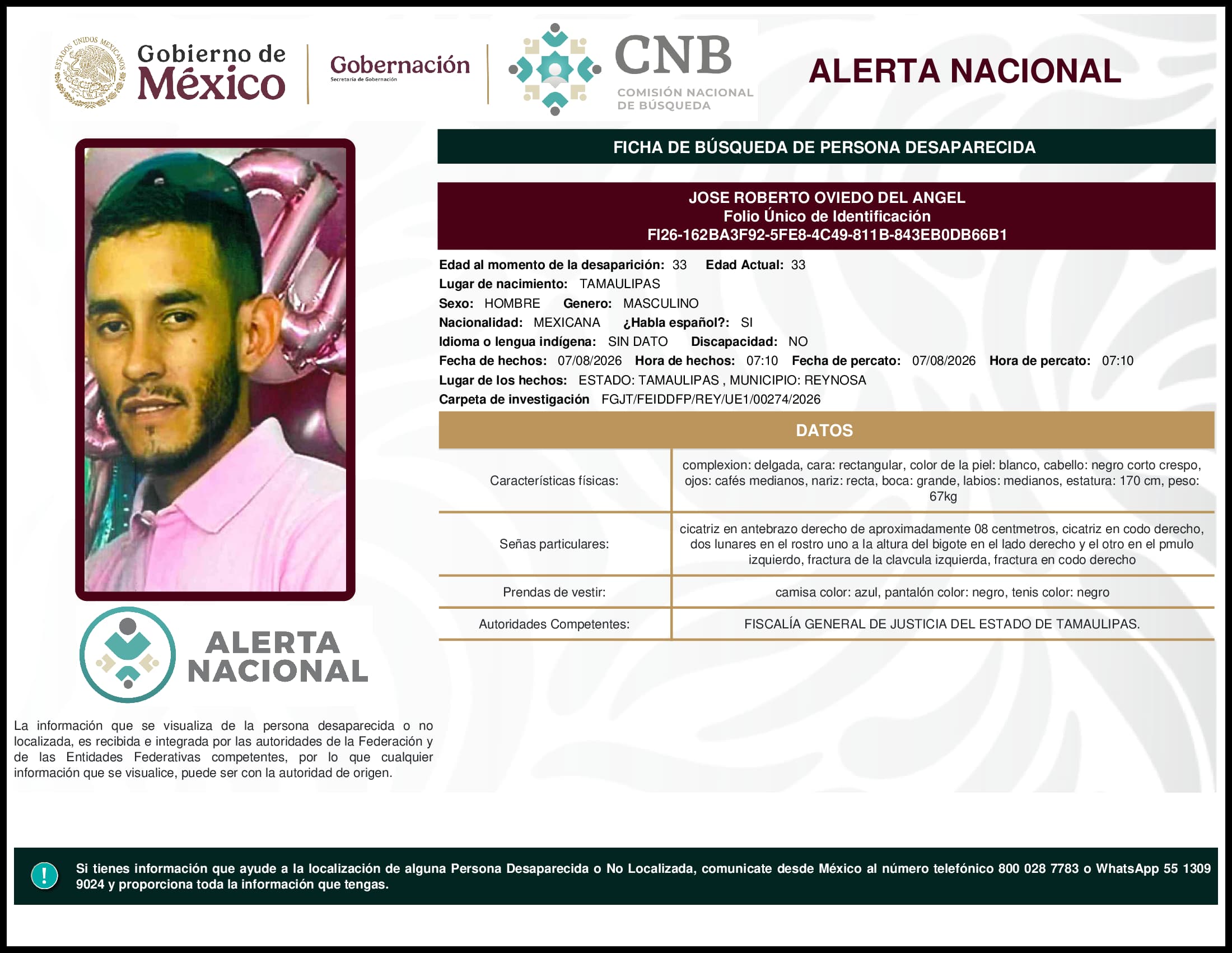 Persona desaparecida Jose Roberto Oviedo Del Angel