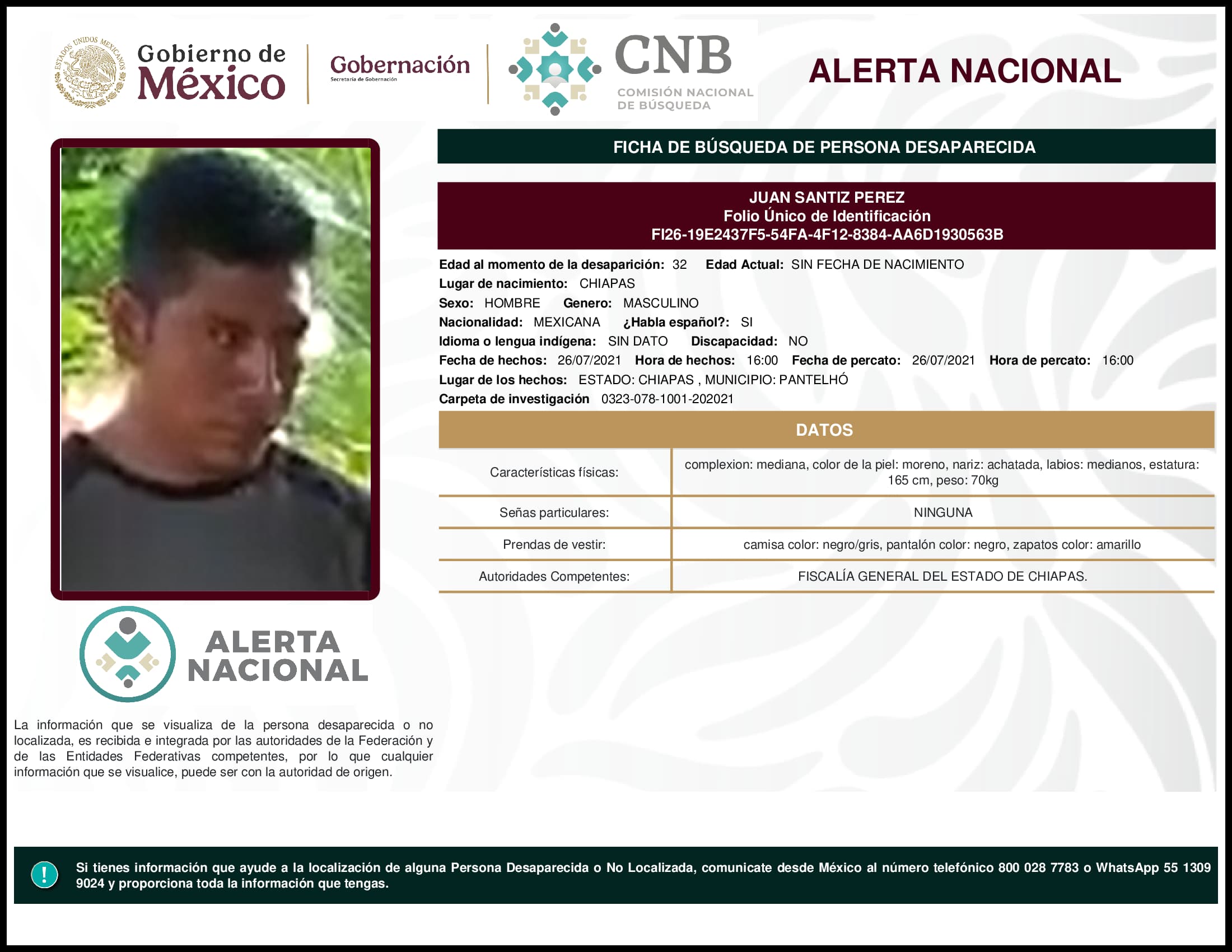 Persona desaparecida Juan Santiz Perez