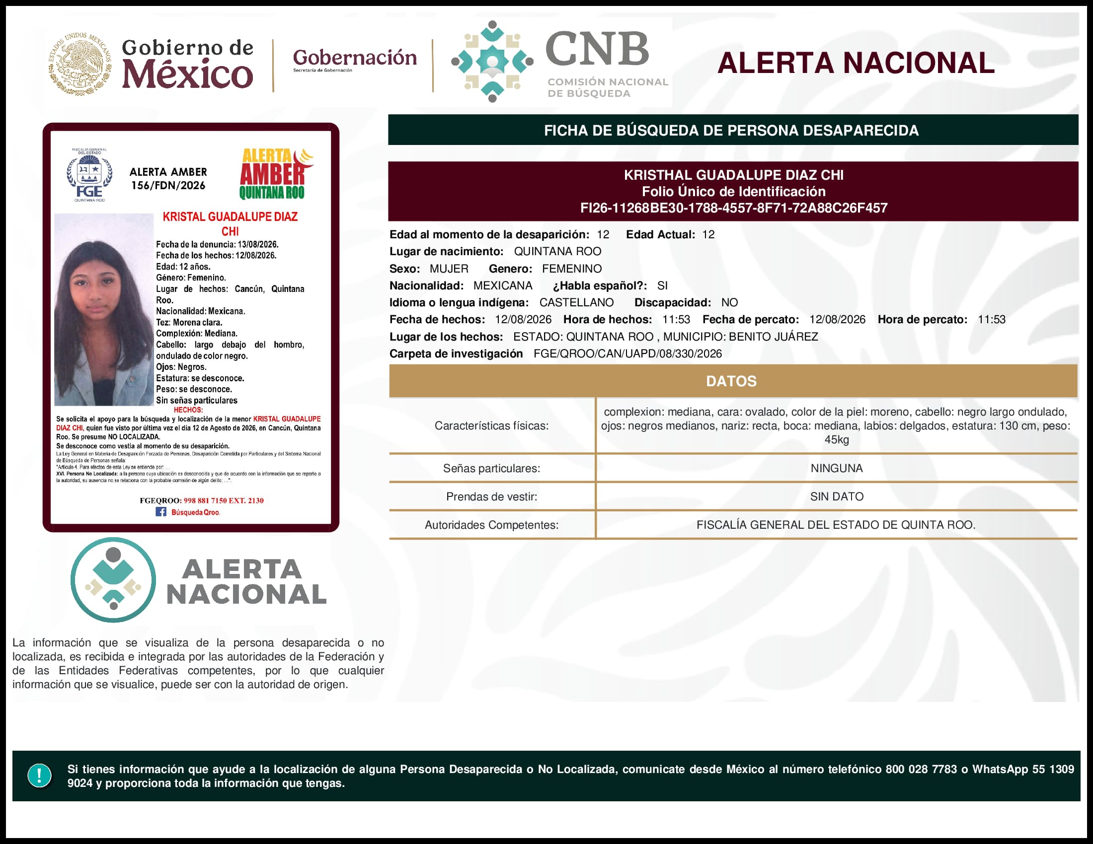 Persona desaparecida Kristhal Guadalupe Diaz Chi