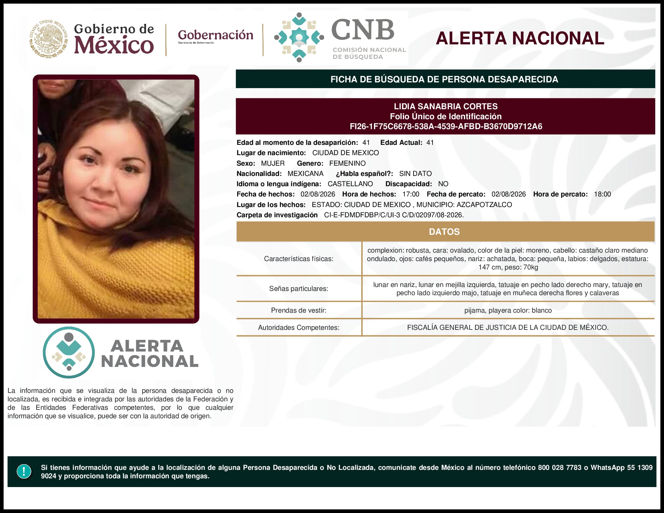 Persona desaparecida Lidia Sanabria Cortes