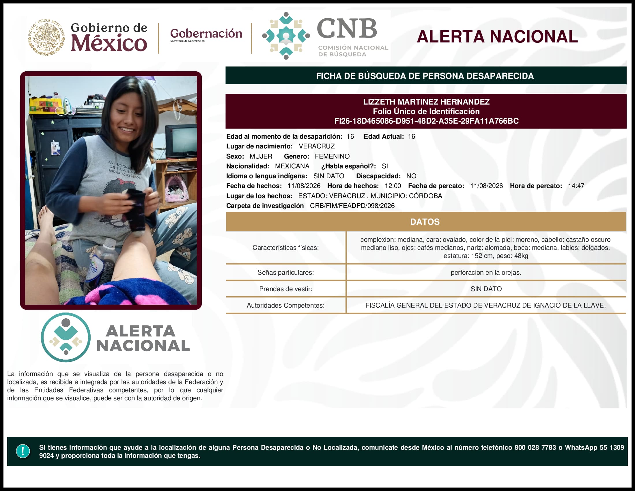 Persona desaparecida Lizzeth Martinez Hernandez