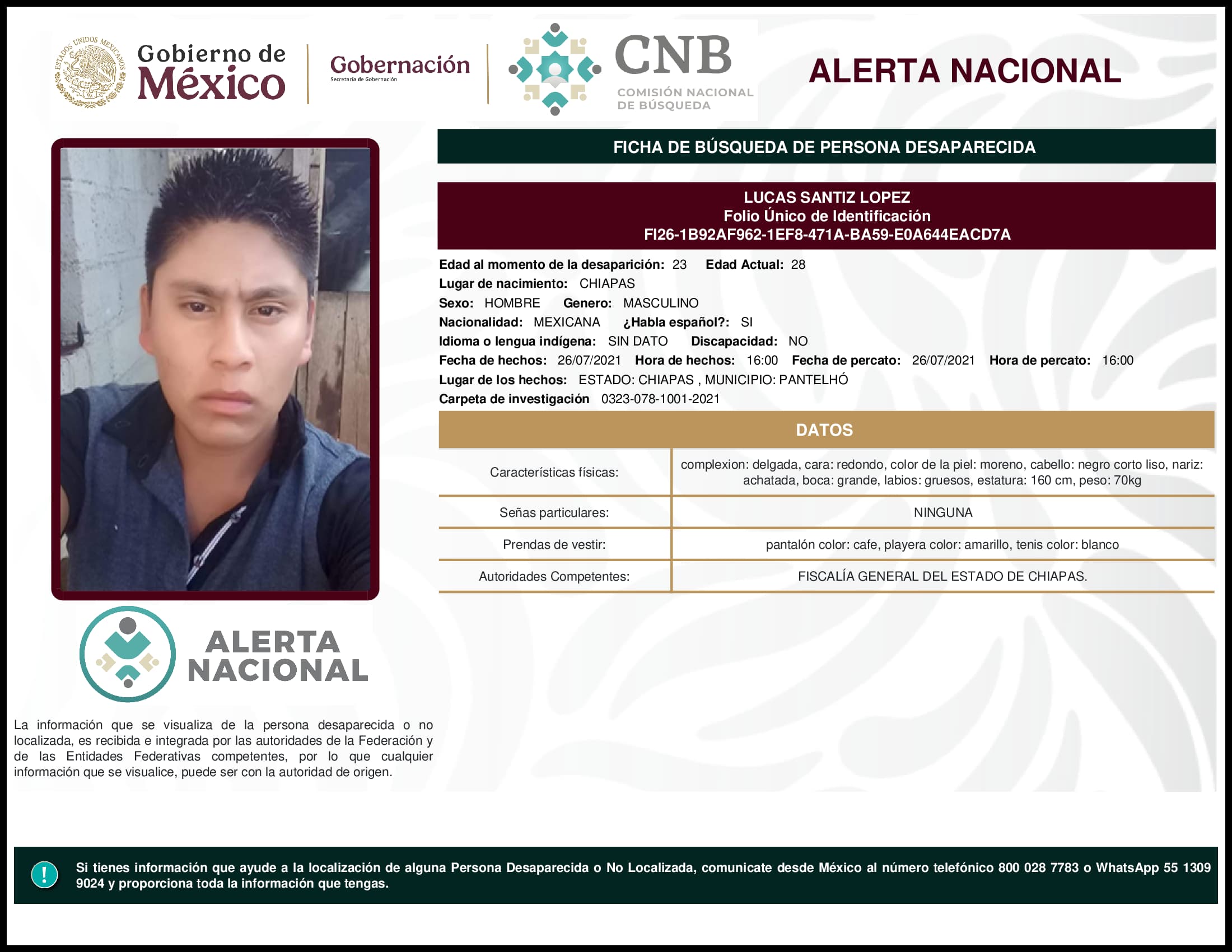 Persona desaparecida Lucas Santiz Lopez