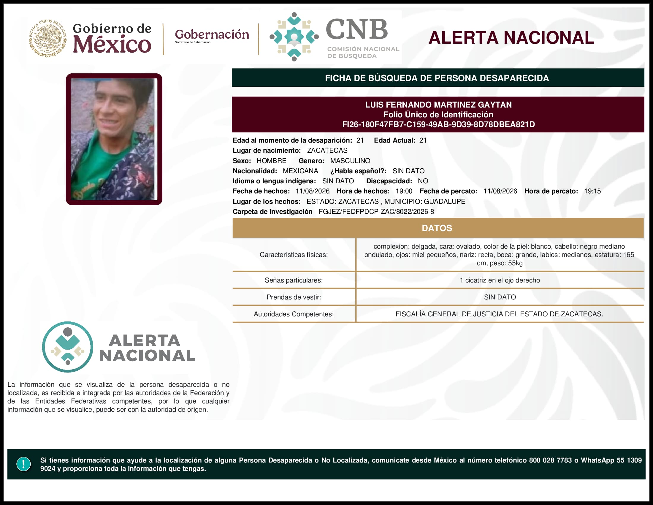 Persona desaparecida Luis Fernando Martinez Gaytan