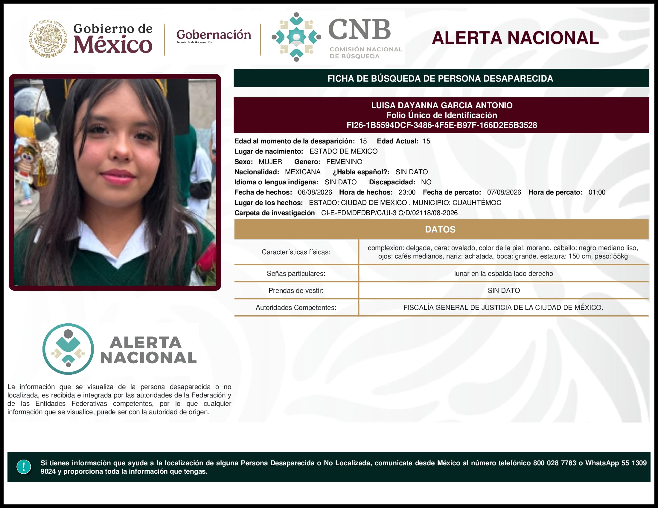 Persona desaparecida Luisa Dayanna Garcia Antonio