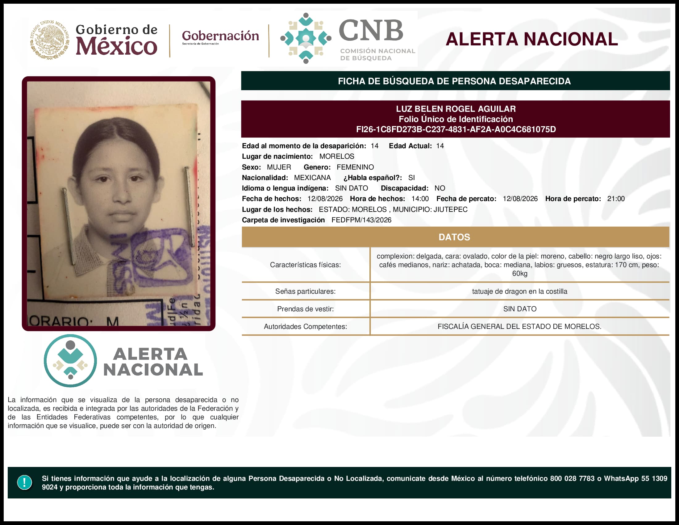 Persona desaparecida Luz Belen Rogel Aguilar