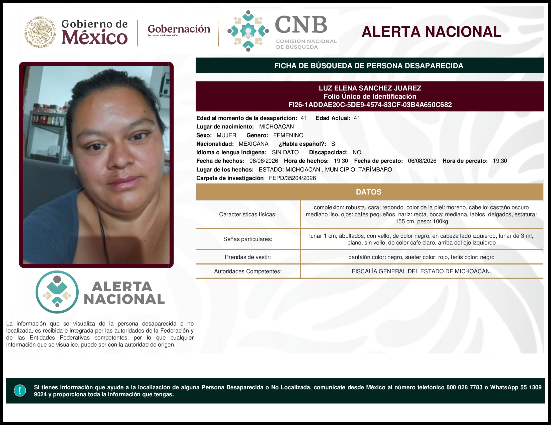 Persona desaparecida Luz Elena Sanchez Juarez