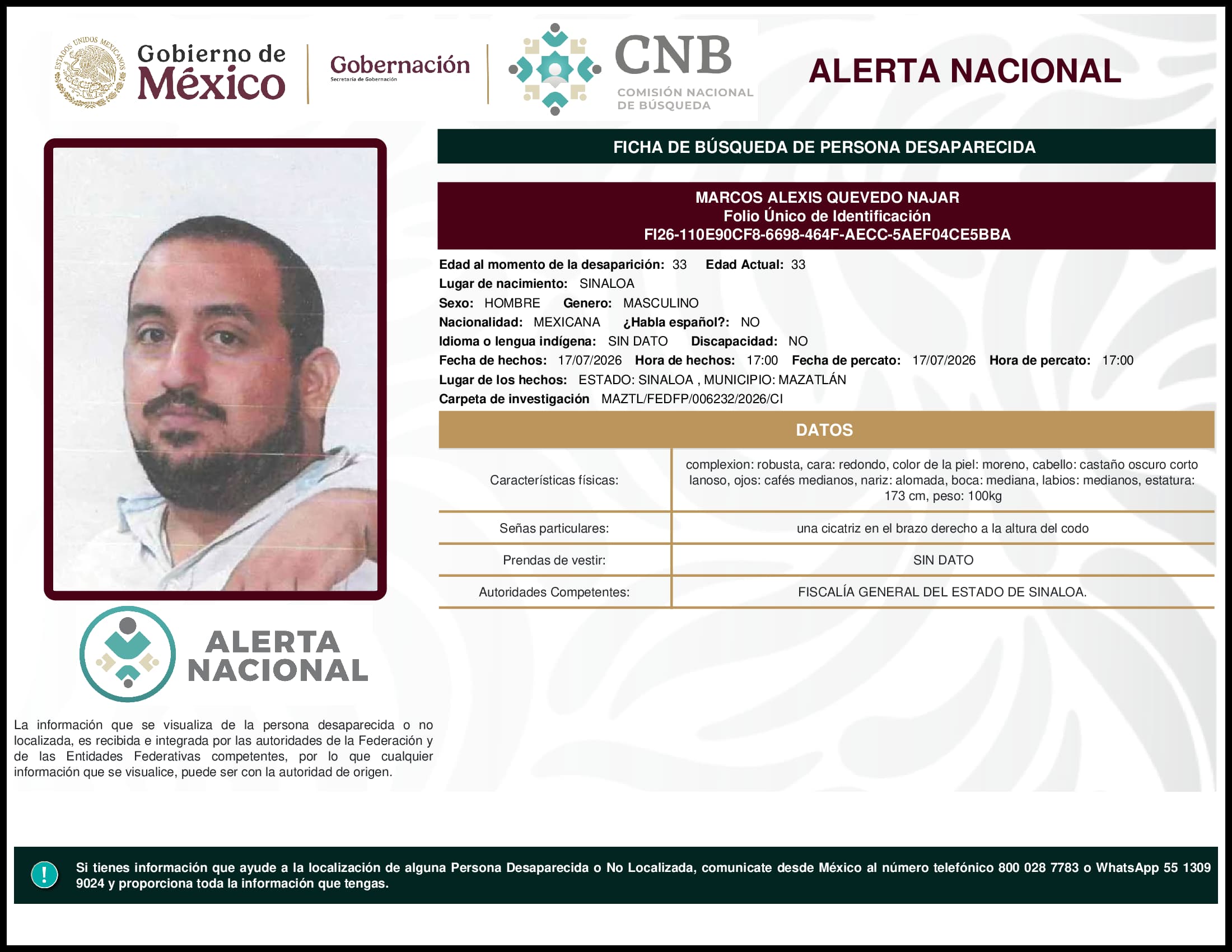 Persona desaparecida Marcos Alexis Quevedo Najar