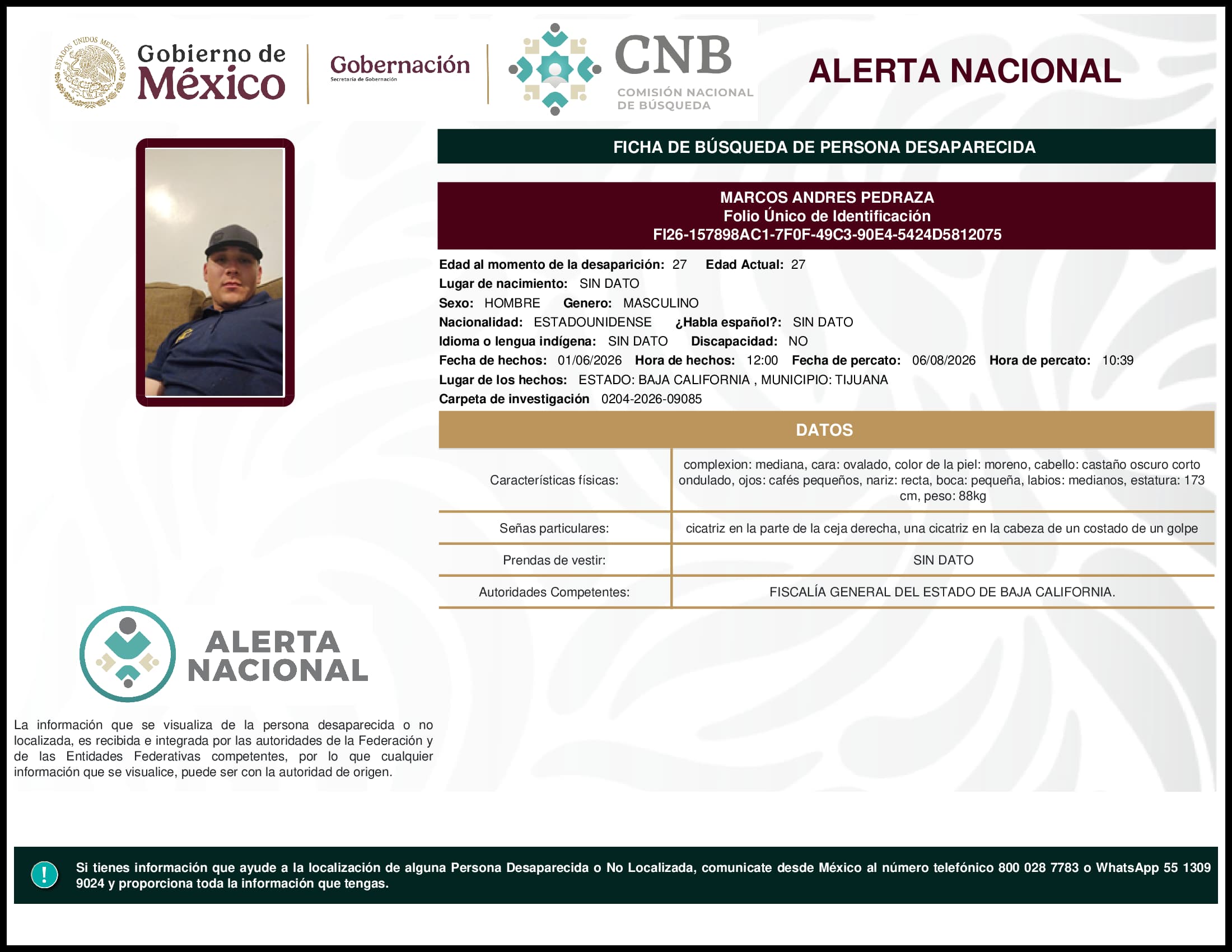 Persona desaparecida Marcos Andres Pedraza