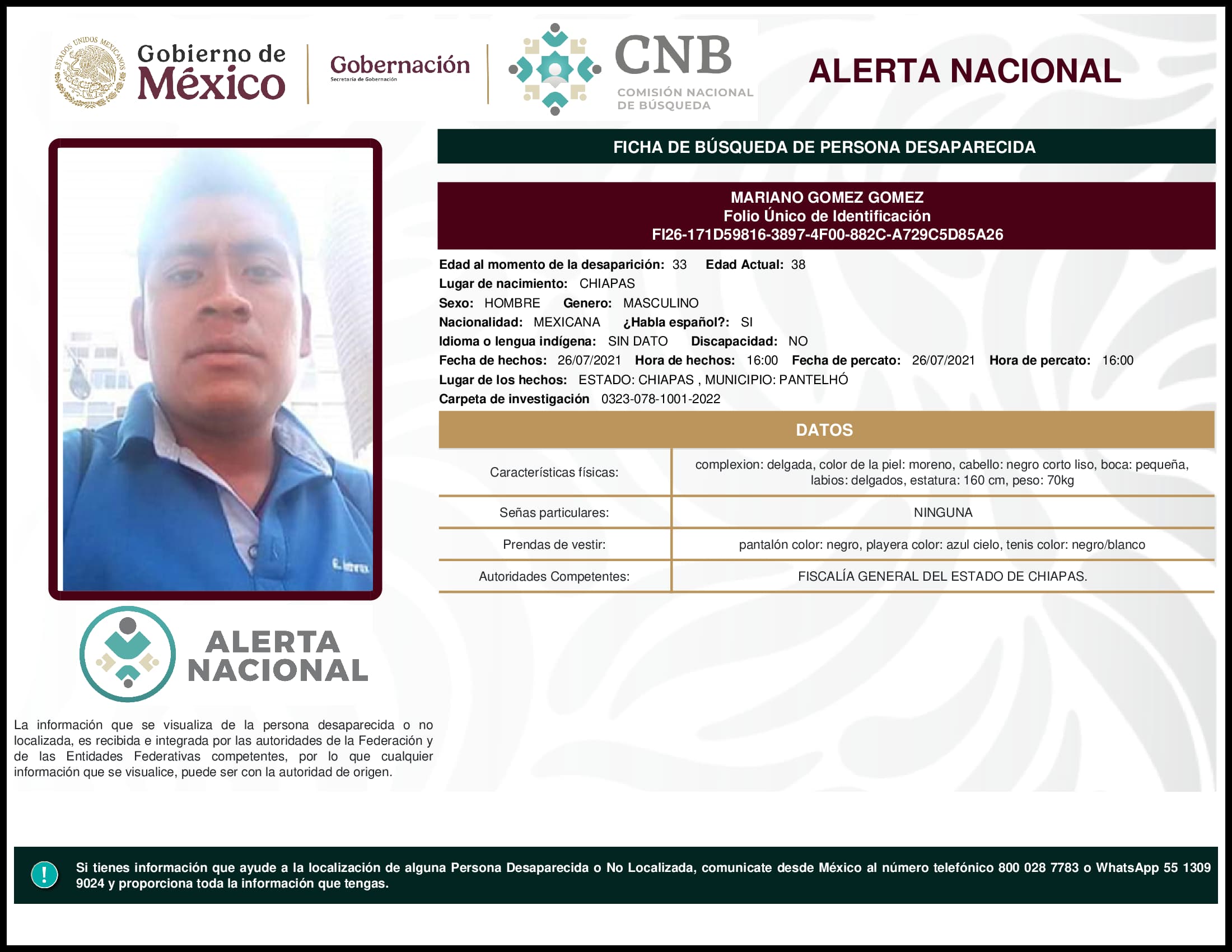 Persona desaparecida Mariano Gomez Gomez