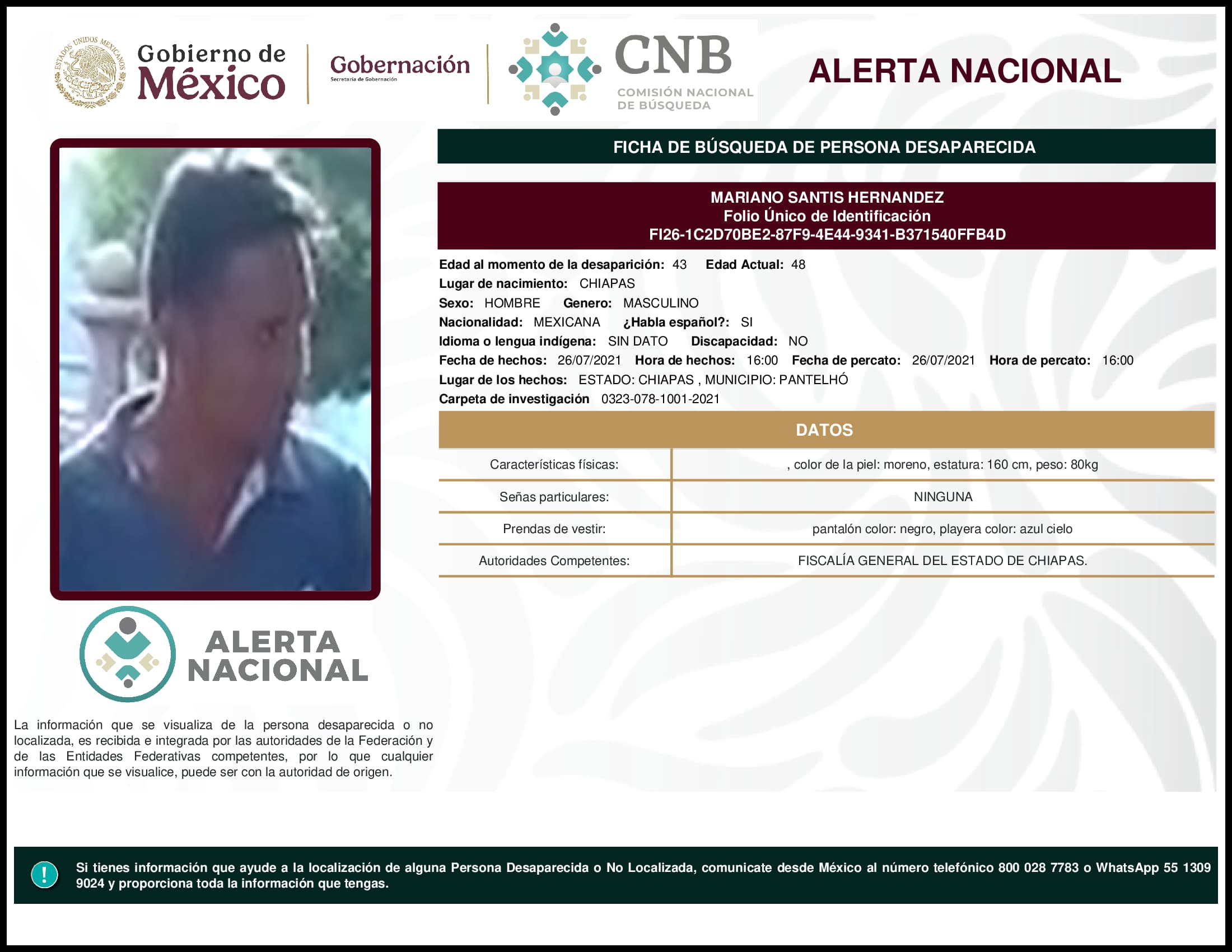 Persona desaparecida Mariano Santis Hernandez