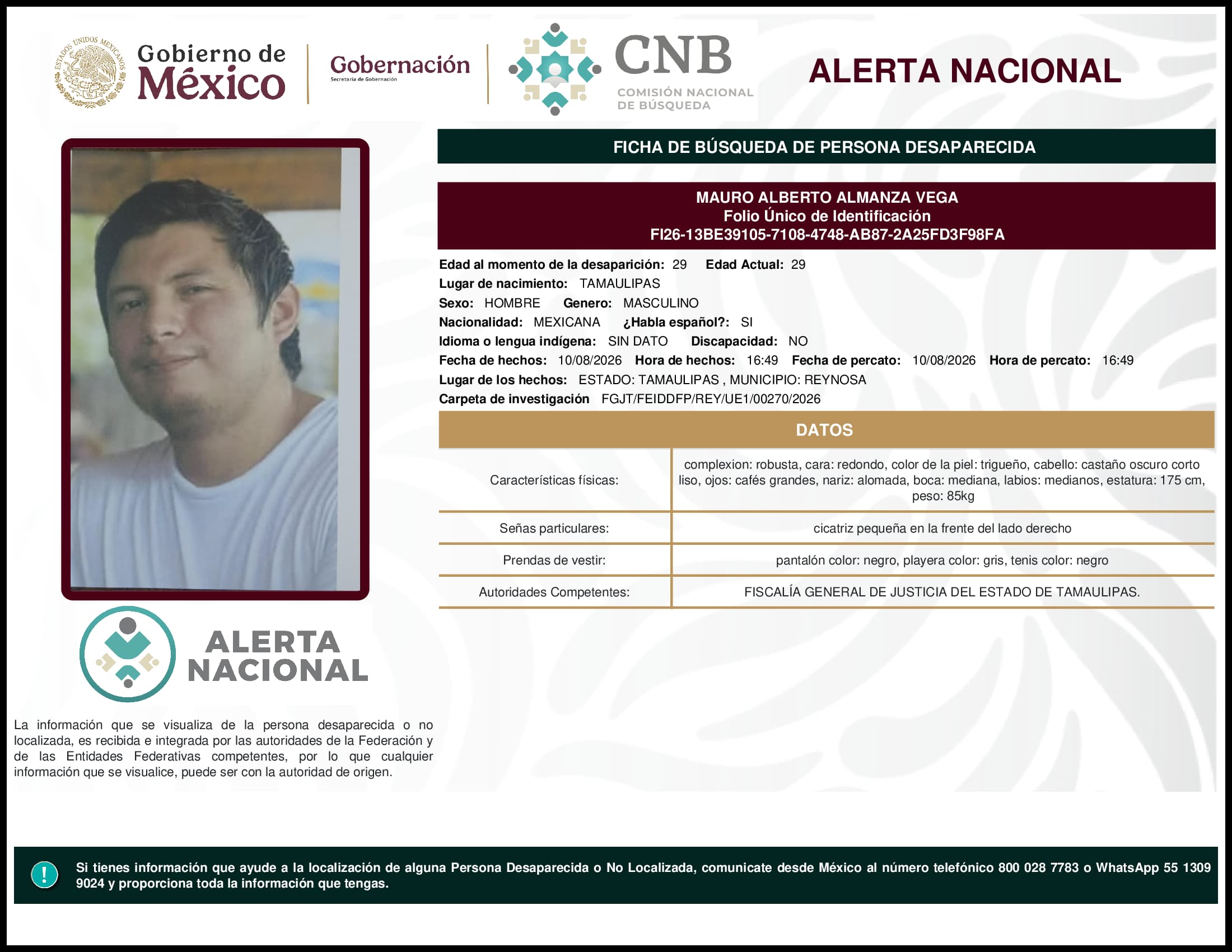 Persona desaparecida Mauro Alberto Almanza Vega