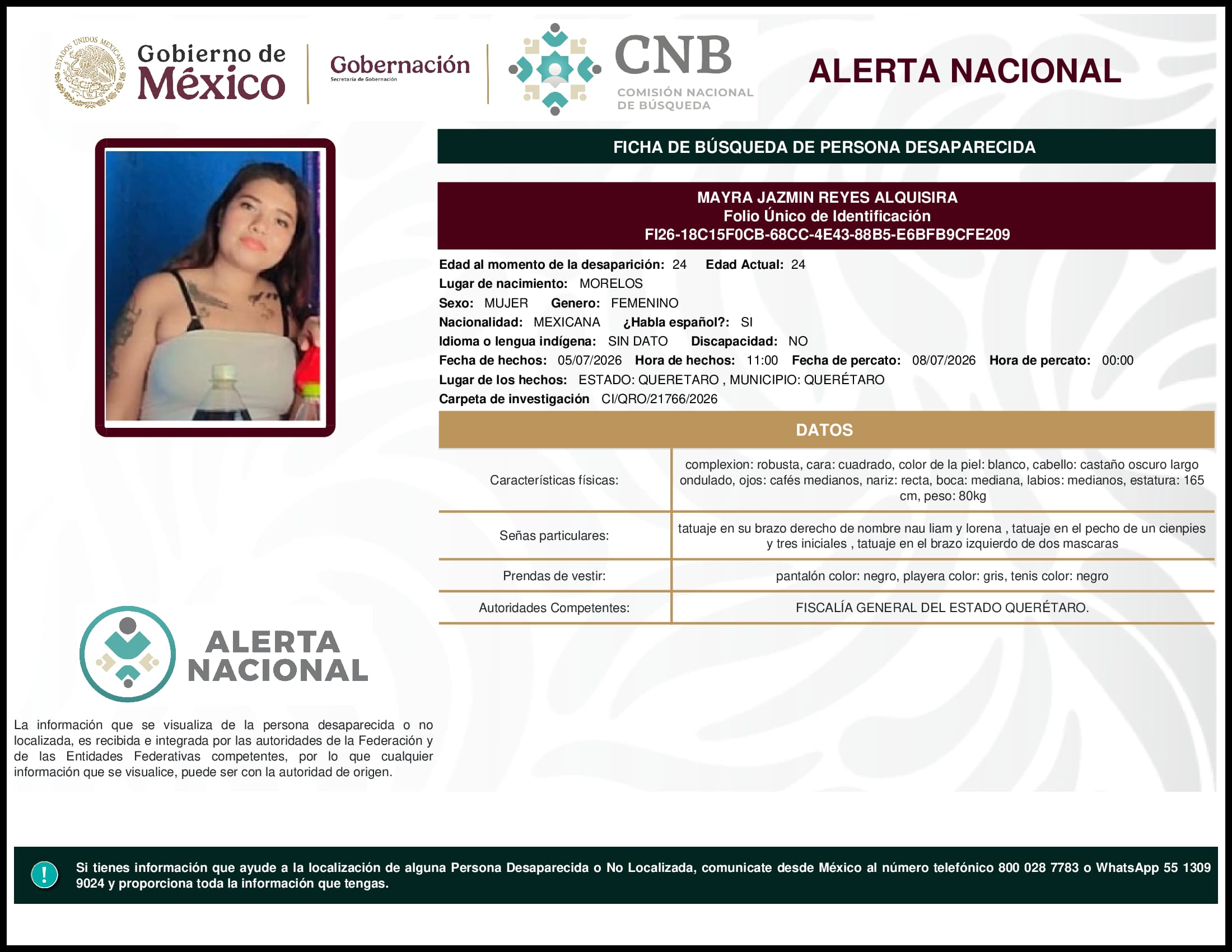 Persona desaparecida Mayra Jazmin Reyes Alquisira