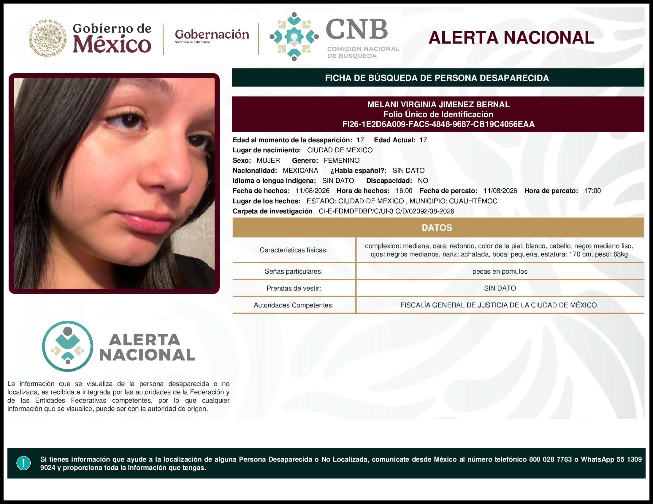 Persona desaparecida Melani Virginia Jimenez Bernal
