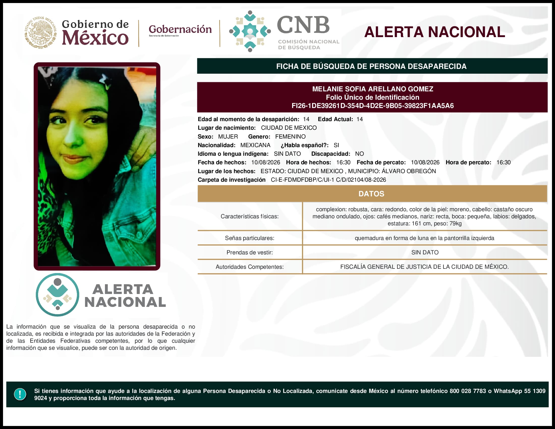 Persona desaparecida Melanie Sofia Arellano Gomez