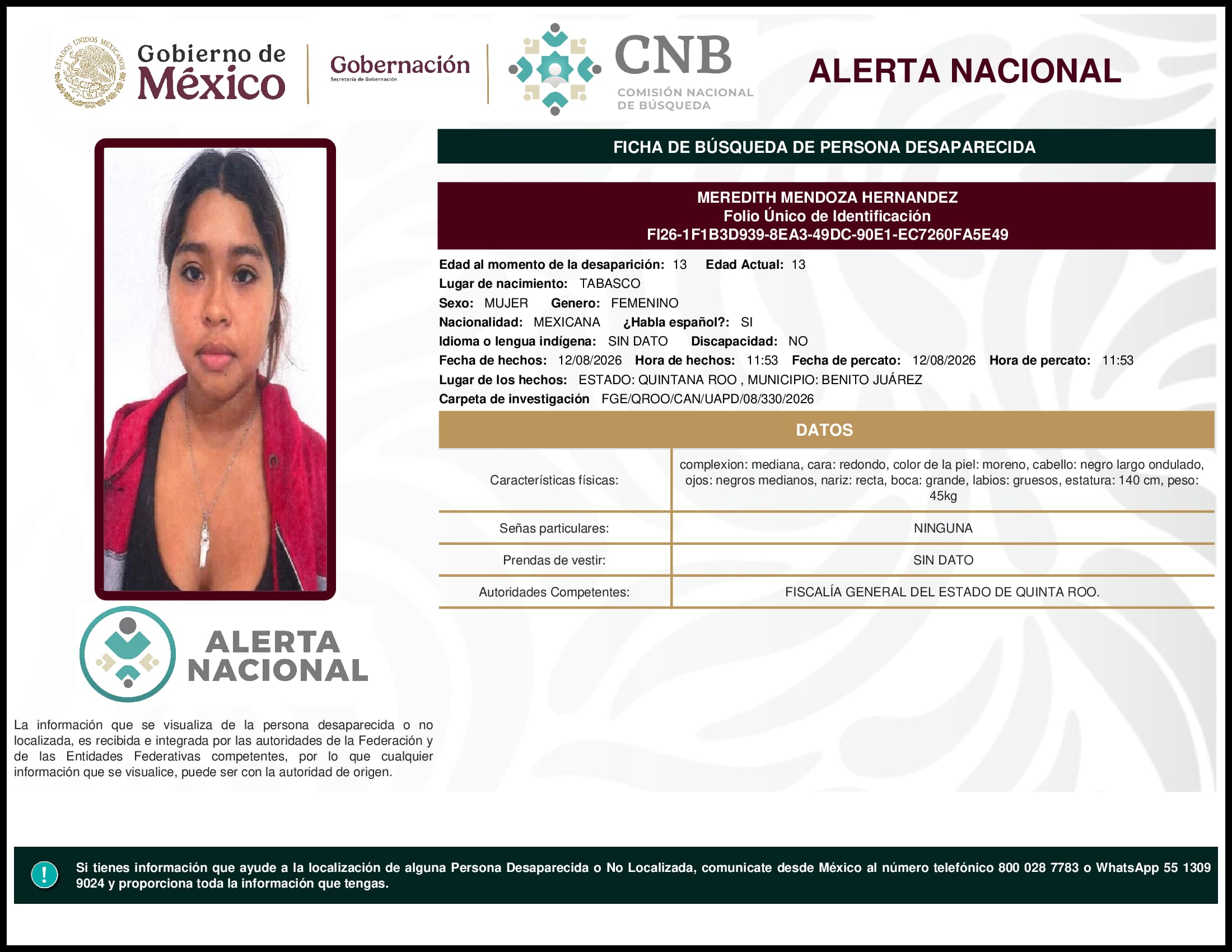 Persona desaparecida Meredith Mendoza Hernandez