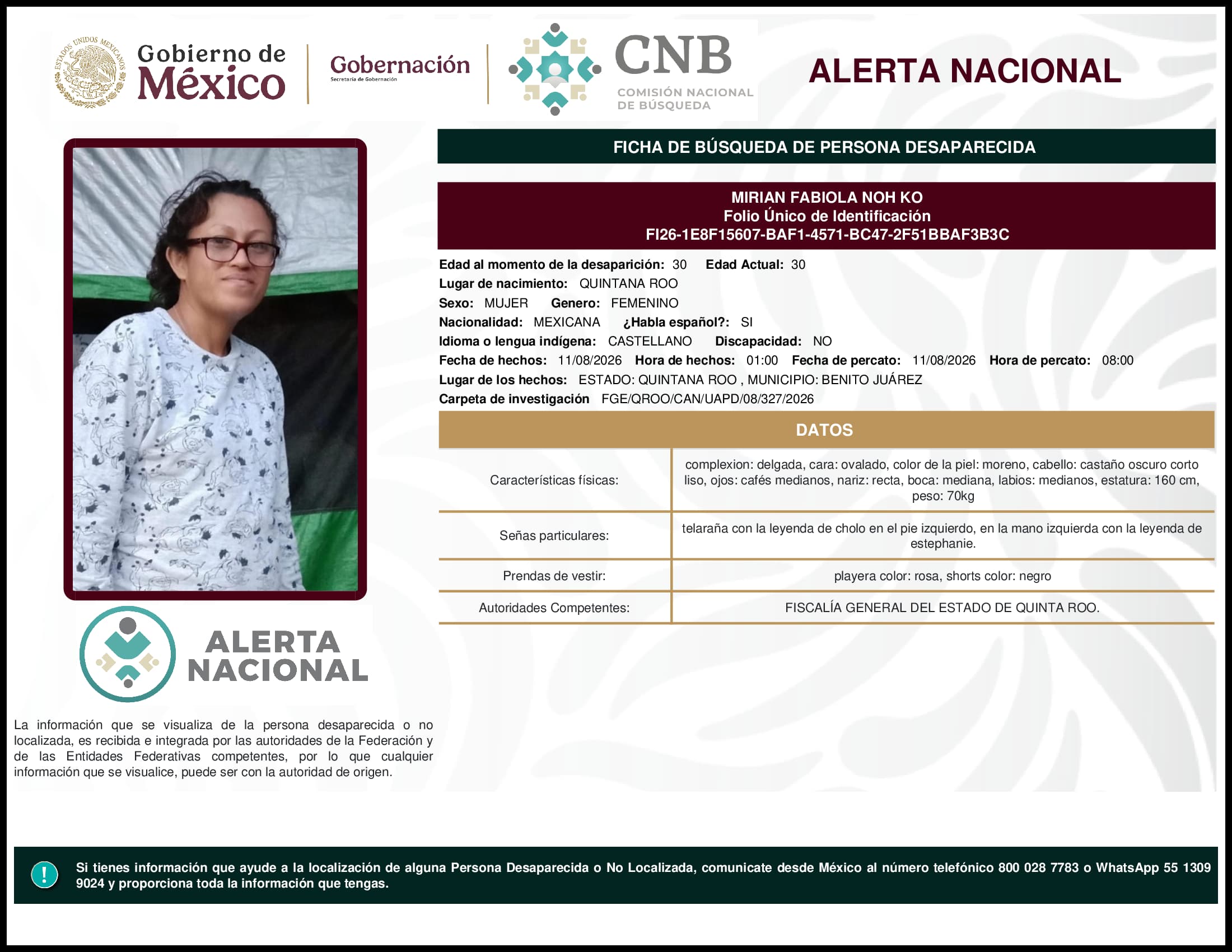 Persona desaparecida Mirian Fabiola Noh Ko