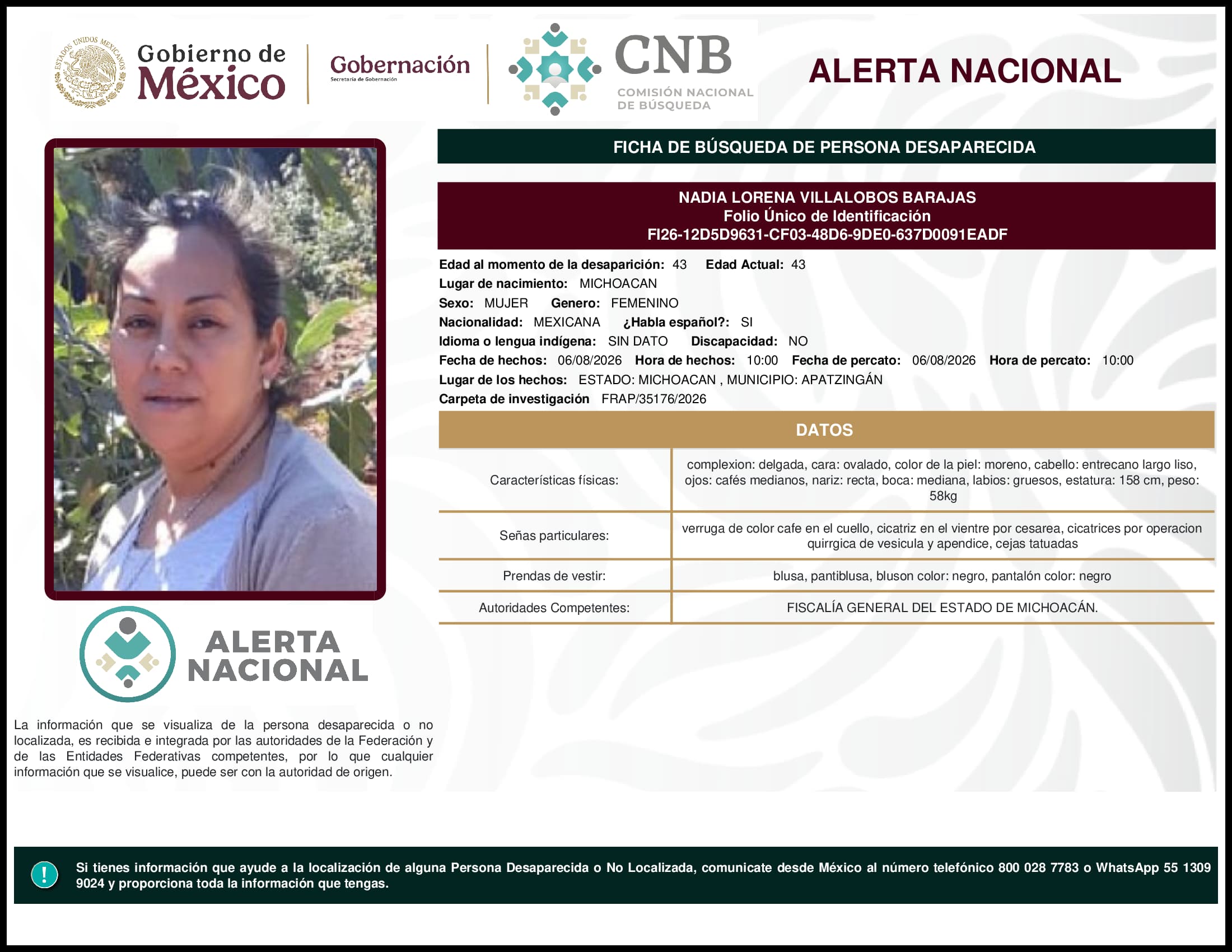 Persona desaparecida Nadia Lorena Villalobos Barajas
