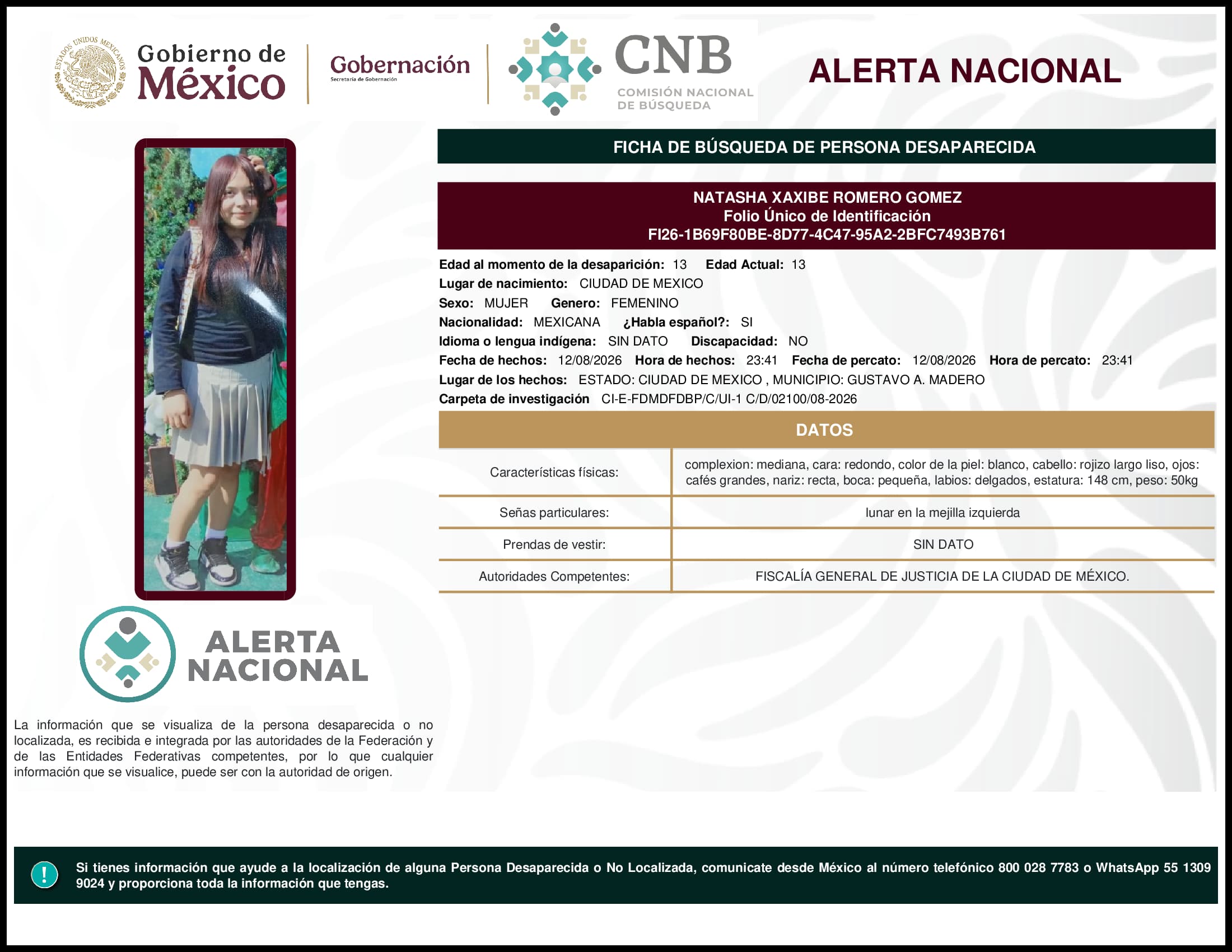 Persona desaparecida Natasha Xaxibe Romero Gomez