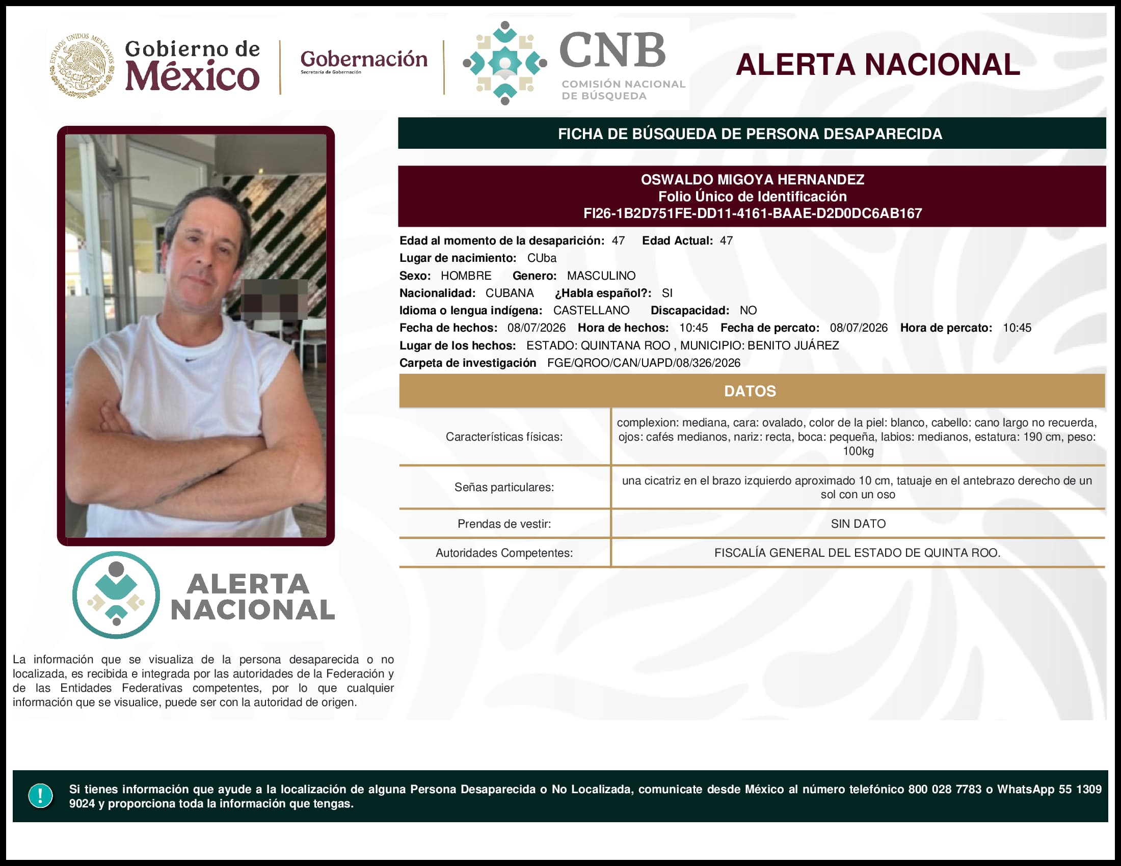 Persona desaparecida Oswaldo Migoya Hernandez