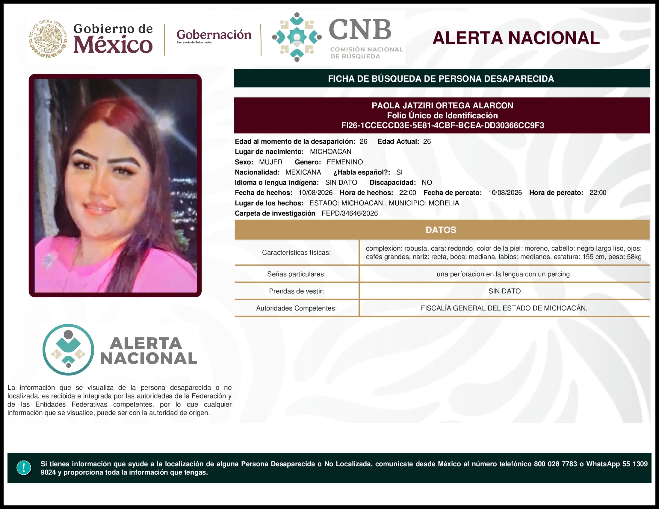 Persona desaparecida Paola Jatziri Ortega Alarcon