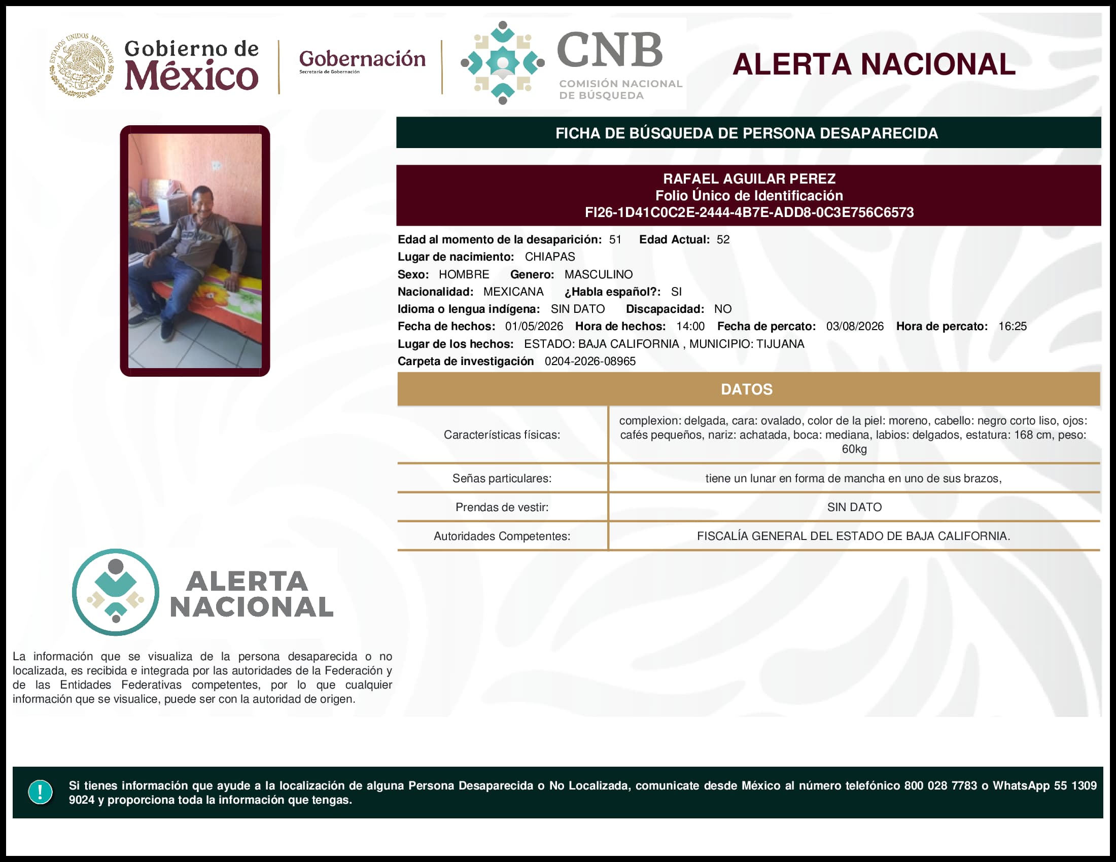 Persona desaparecida Rafael Aguilar Perez