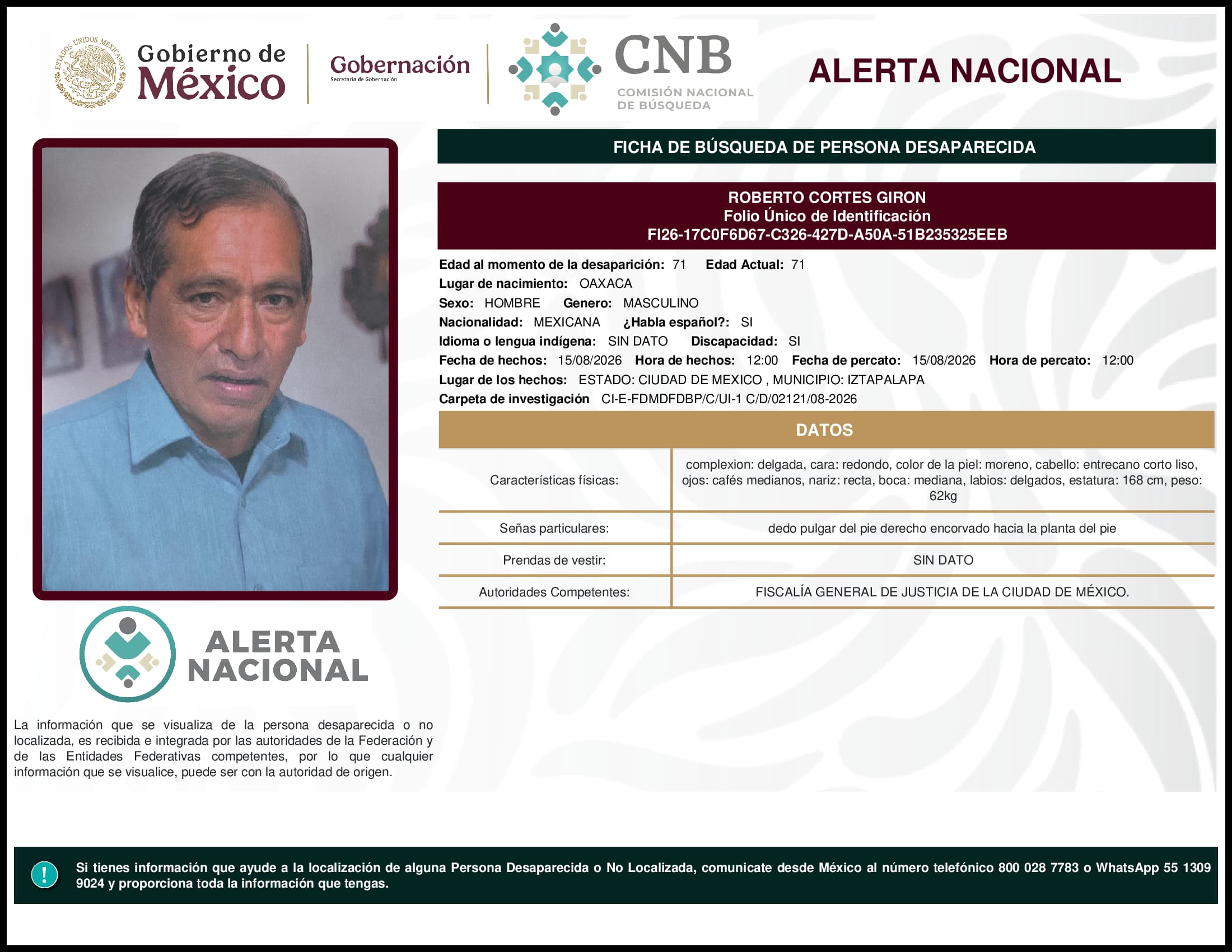 Persona desaparecida Roberto Cortes Giron