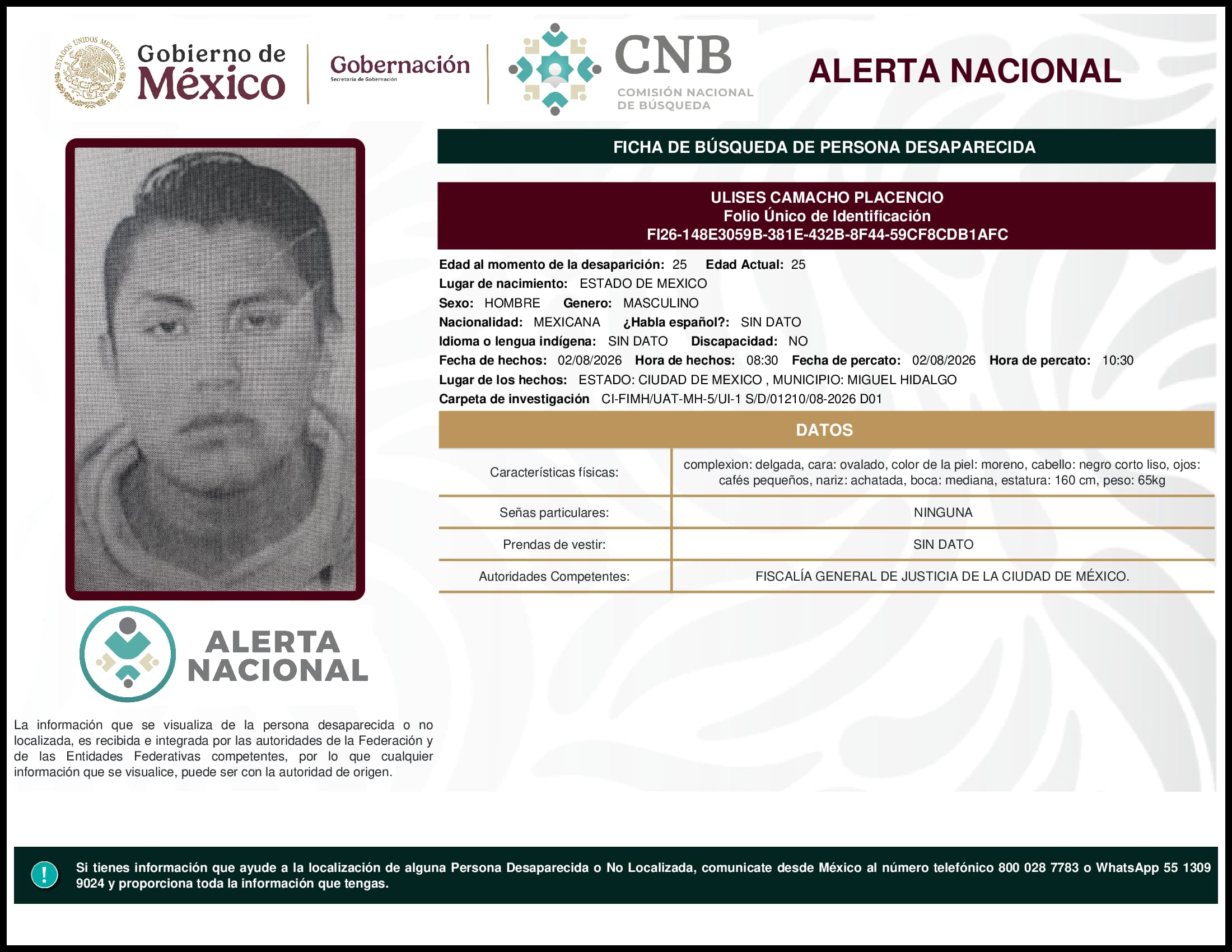 Persona desaparecida Ulises Camacho Placencio