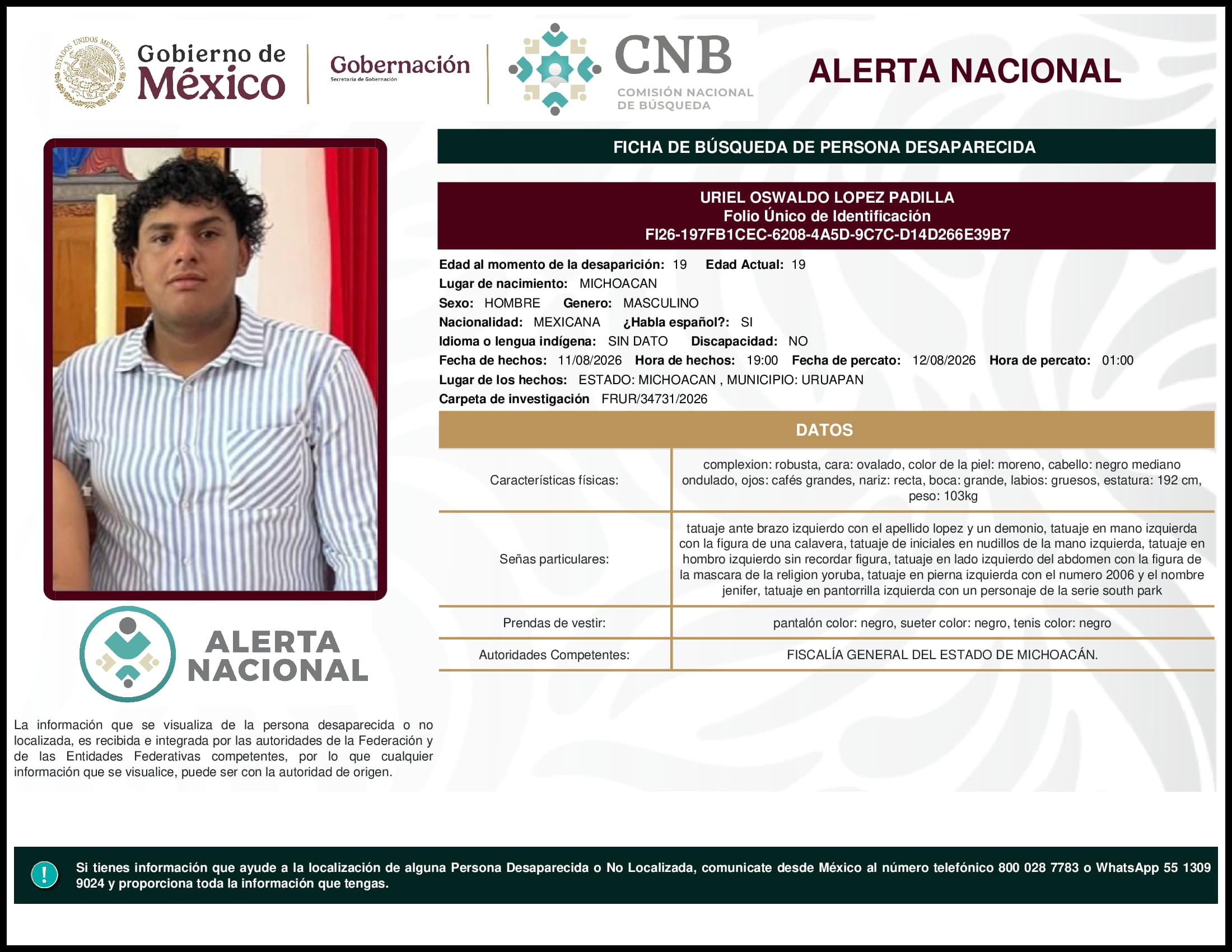 Persona desaparecida Uriel Oswaldo Lopez Padilla